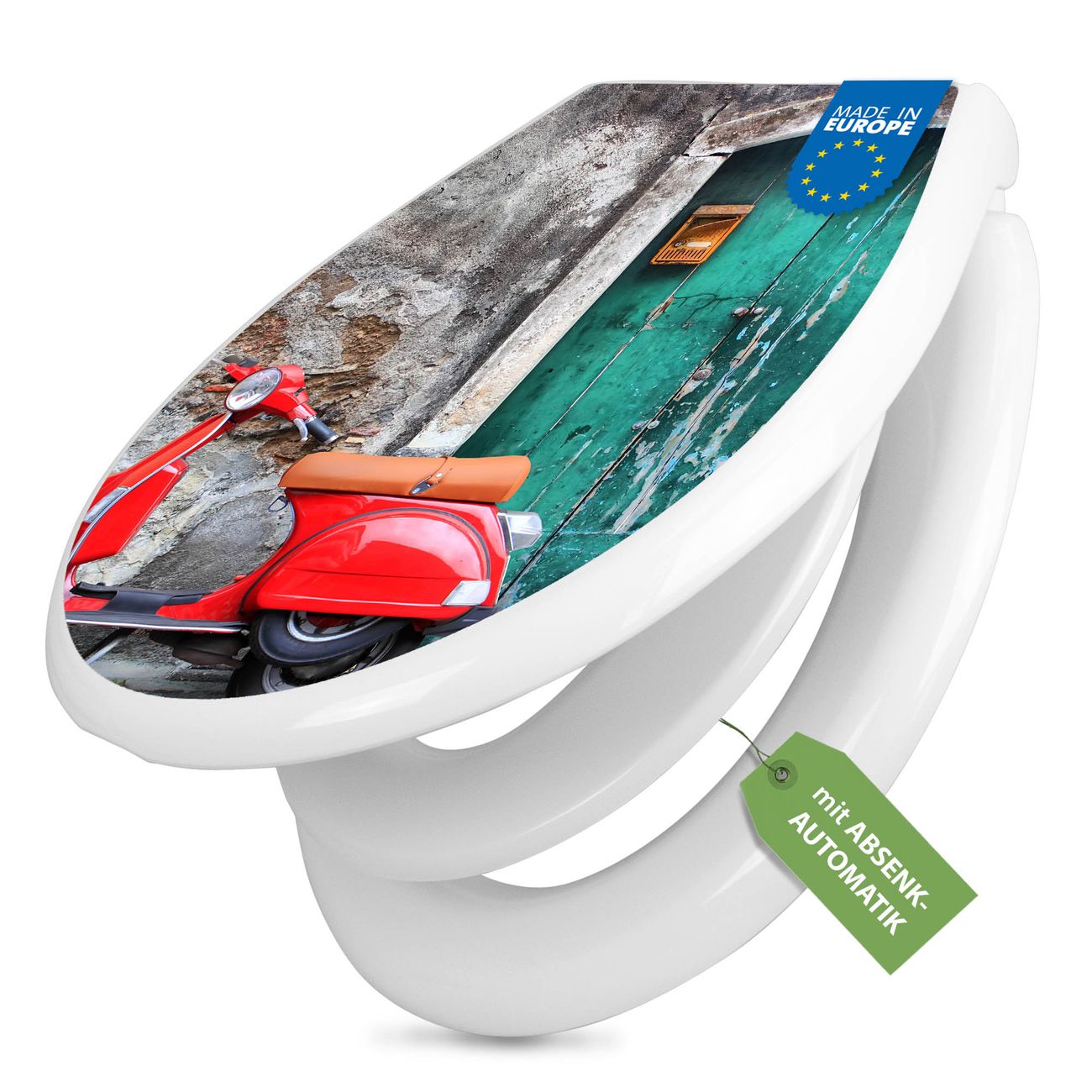 banjado Premium WC-Sitz mit Absenkautomatik O-Form weiß Soft-Close mit Kindersitz Duroplast antibakteriell leichte Reinigung, mit Motiv Italienischer Roller