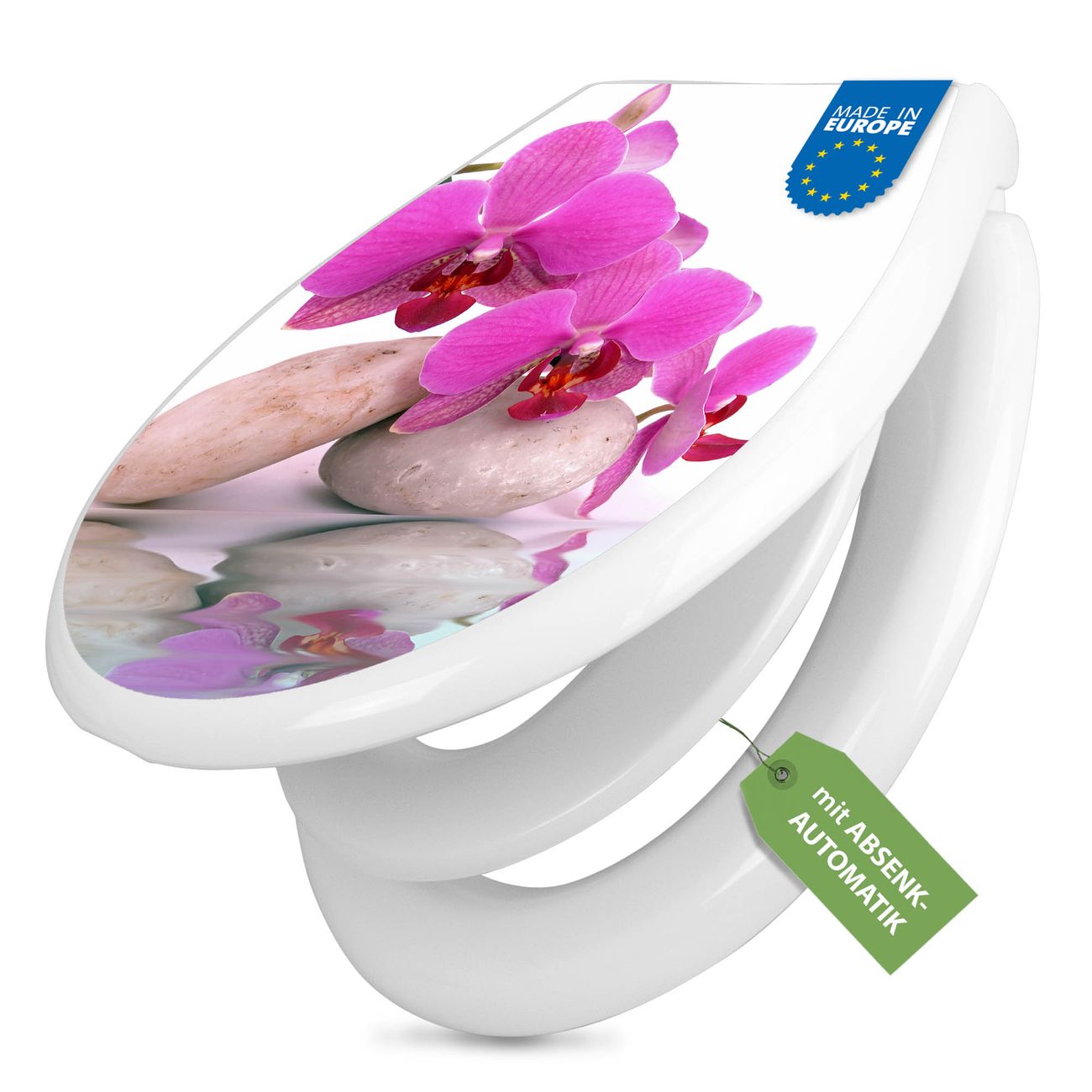 banjado absenkbarer Toilettendeckel weiß mit Soft-Close mit Kindersitz Klobrille O-Form aus Duroplast Motiv Orchidee individuell gestalten