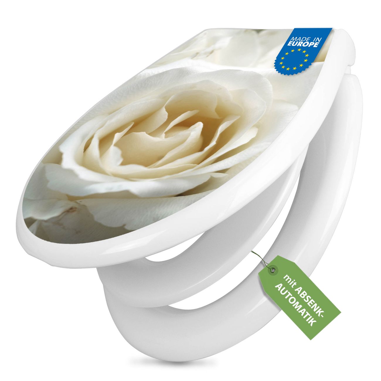 banjado Klobrille mit Absenkautomatik kaufen, Toilettendeckel weiss mit Kindersitz, Leichte Montage und Dämpfungsverschluss, Motiv White Roses