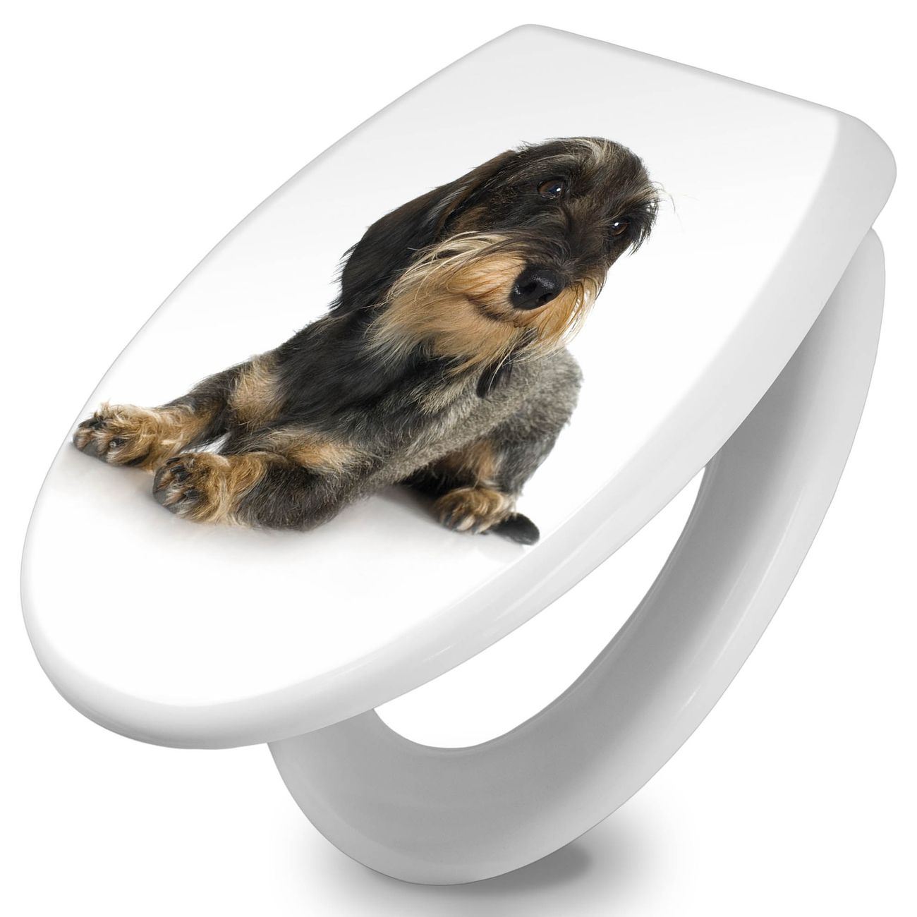 banjado absenkbarer Toilettendeckel weiß mit Soft-Close ohne Kindersitz Klobrille O-Form aus Duroplast Motiv Dackel individuell gestalten