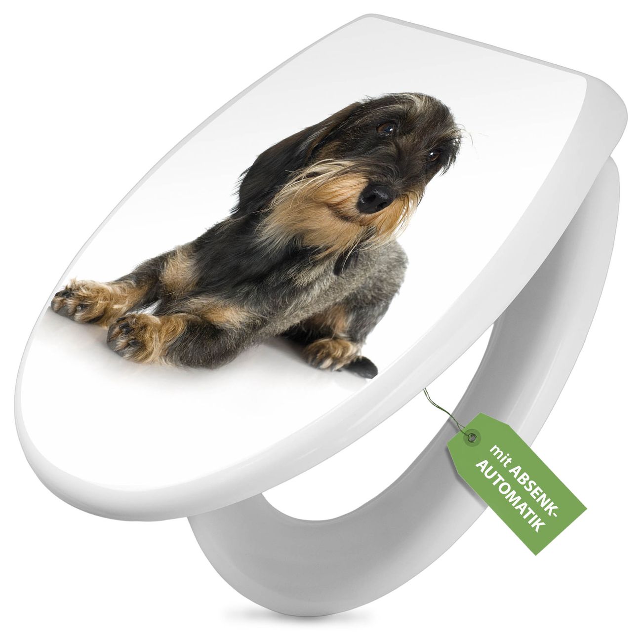 banjado absenkbarer Toilettendeckel weiß mit Soft-Close ohne Kindersitz Klobrille O-Form aus Duroplast Motiv Dackel individuell gestalten