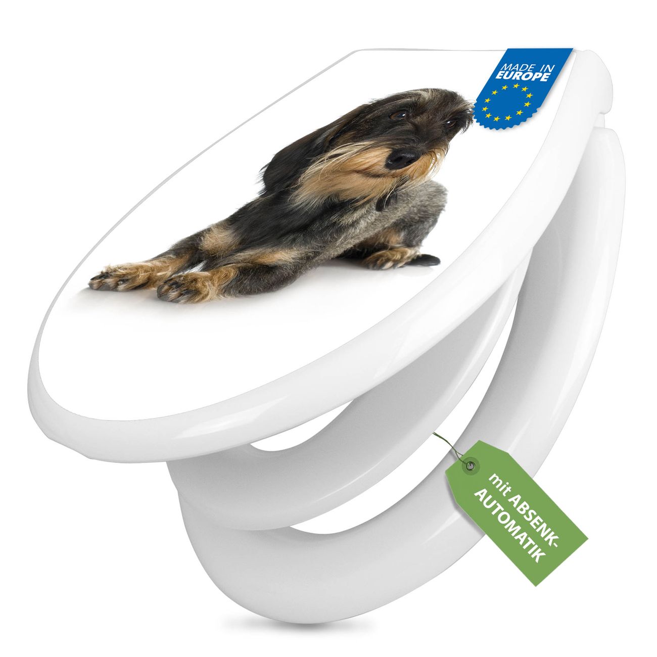 banjado absenkbarer Toilettendeckel weiß mit Soft-Close mit Kindersitz Klobrille O-Form aus Duroplast Motiv Dackel individuell gestalten