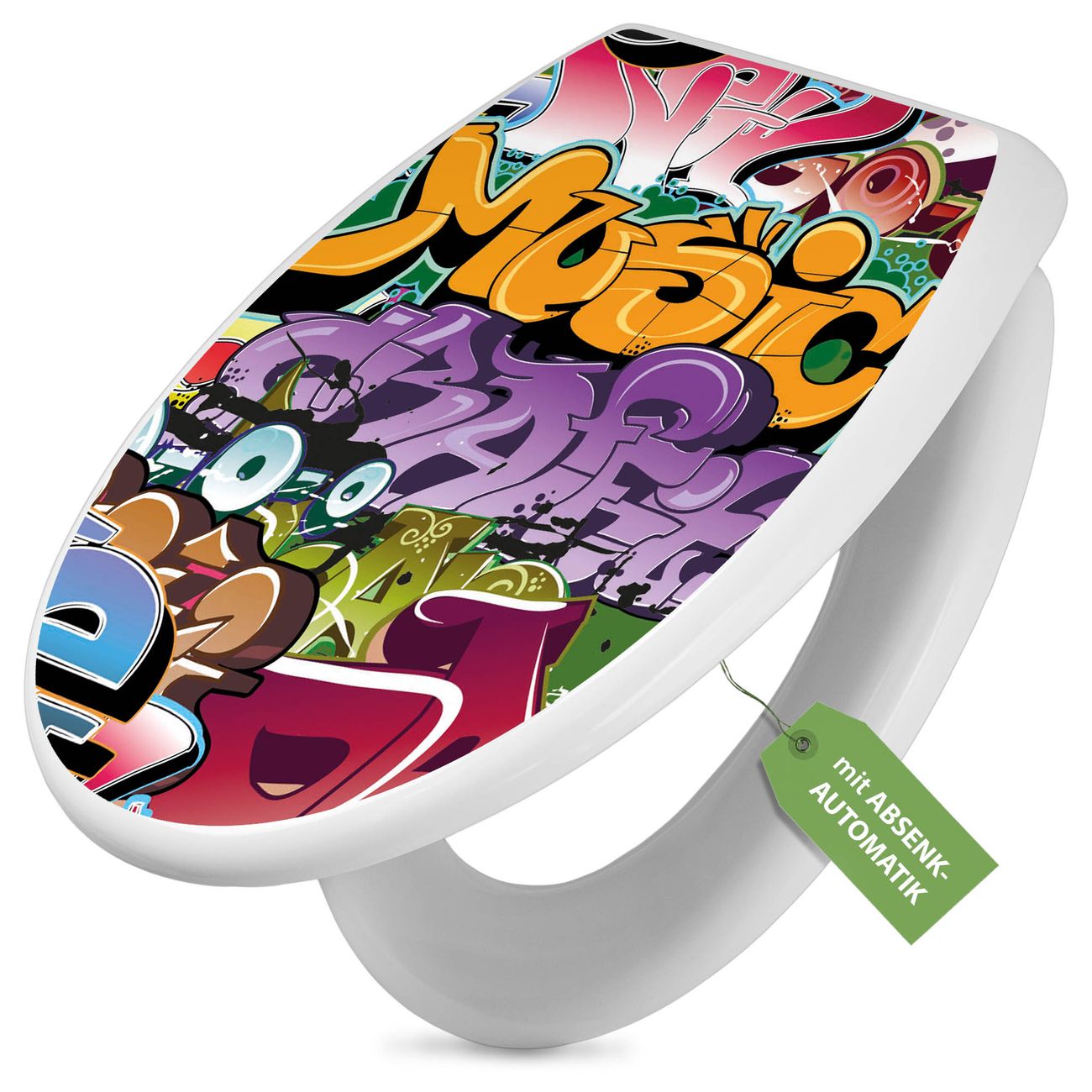 banjado absenkbarer Toilettendeckel weiß mit Soft-Close ohne Kindersitz Klobrille O-Form aus Duroplast Motiv Graffiti individuell gestalten