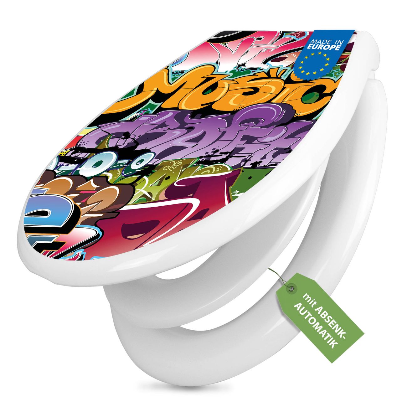 banjado absenkbarer Toilettendeckel weiß mit Soft-Close mit Kindersitz Klobrille O-Form aus Duroplast Motiv Graffiti individuell gestalten