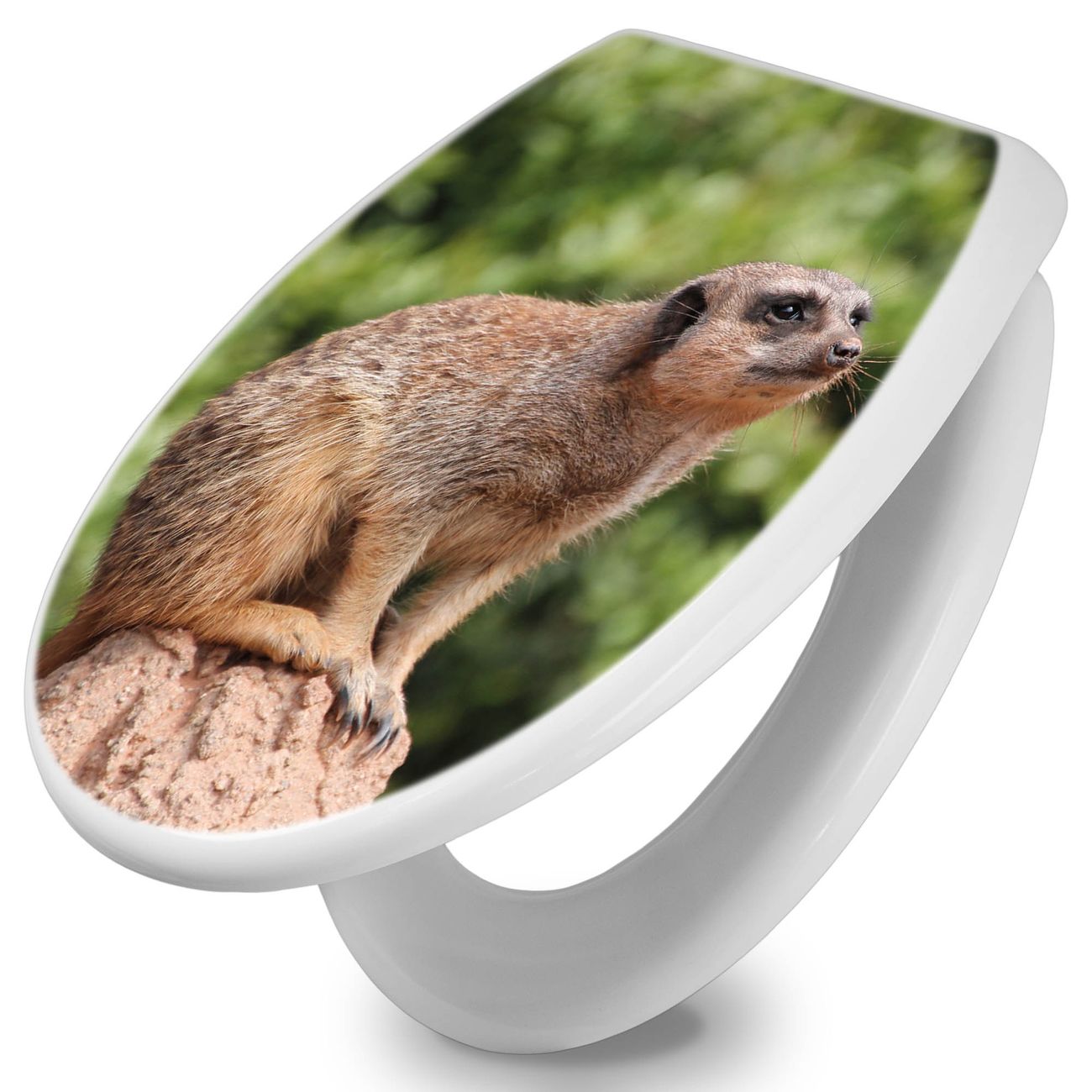 banjado Premium WC-Sitz mit Absenkautomatik O-Form weiß Soft-Close ohne Kindersitz Duroplast antibakteriell leichte Reinigung, mit Motiv Erdmännchen