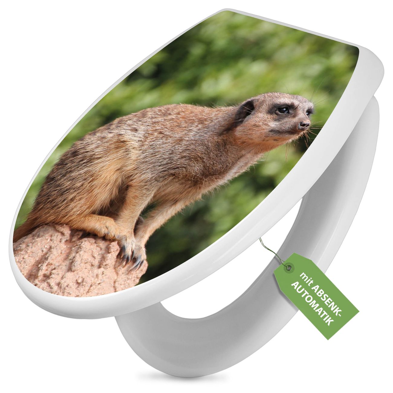 banjado Premium WC-Sitz mit Absenkautomatik O-Form weiß Soft-Close ohne Kindersitz Duroplast antibakteriell leichte Reinigung, mit Motiv Sitzendes Erdmännchen