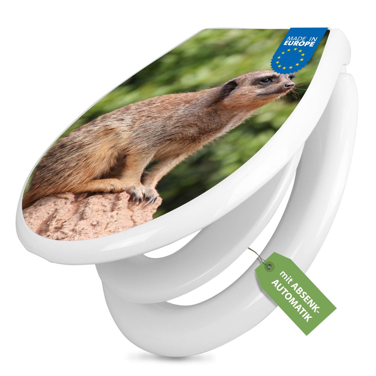 banjado Premium WC-Sitz mit Absenkautomatik O-Form weiß Soft-Close mit Kindersitz Duroplast antibakteriell leichte Reinigung, mit Motiv Sitzendes Erdmännchen