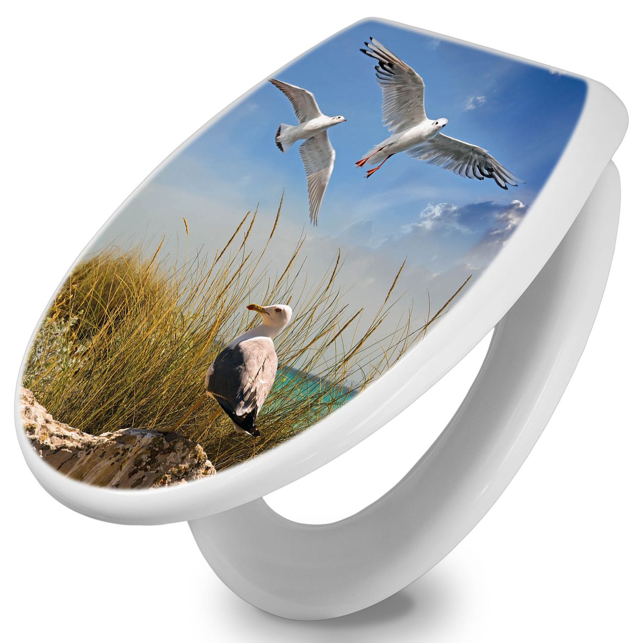 banjado Premium WC-Sitz mit Absenkautomatik O-Form weiß Soft-Close ohne Kindersitz Duroplast antibakteriell leichte Reinigung, mit Motiv Möwen