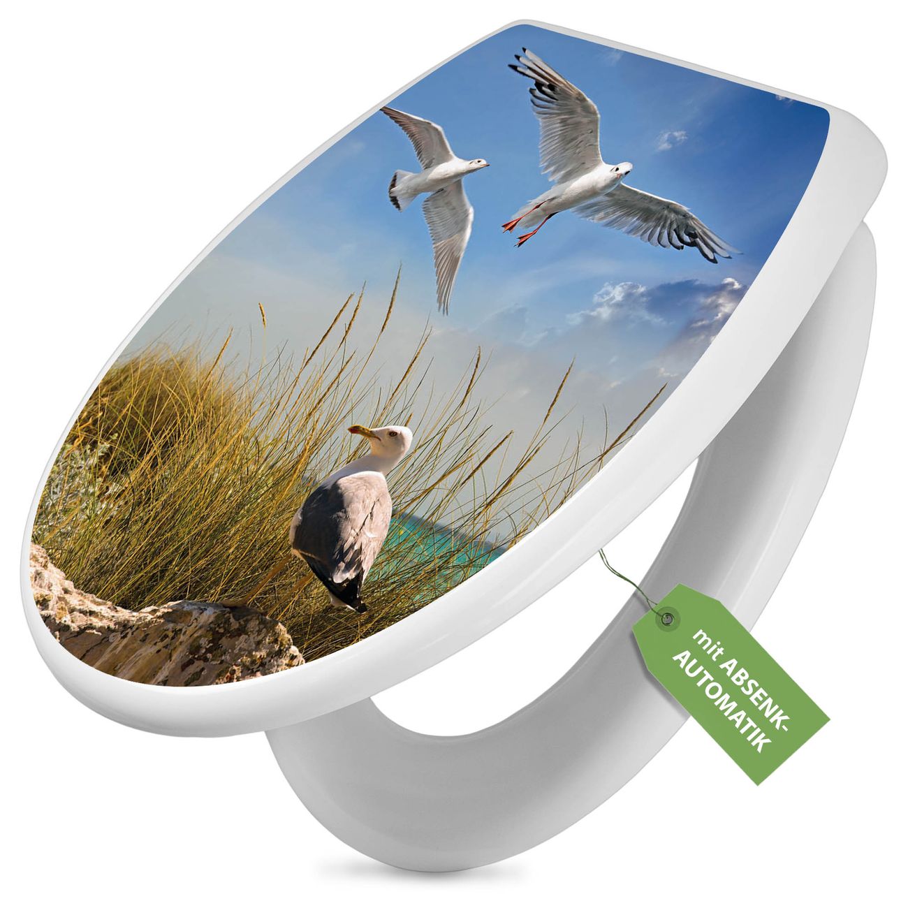 banjado Premium WC-Sitz mit Absenkautomatik O-Form weiß Soft-Close ohne Kindersitz Duroplast antibakteriell leichte Reinigung, mit Motiv Möwen