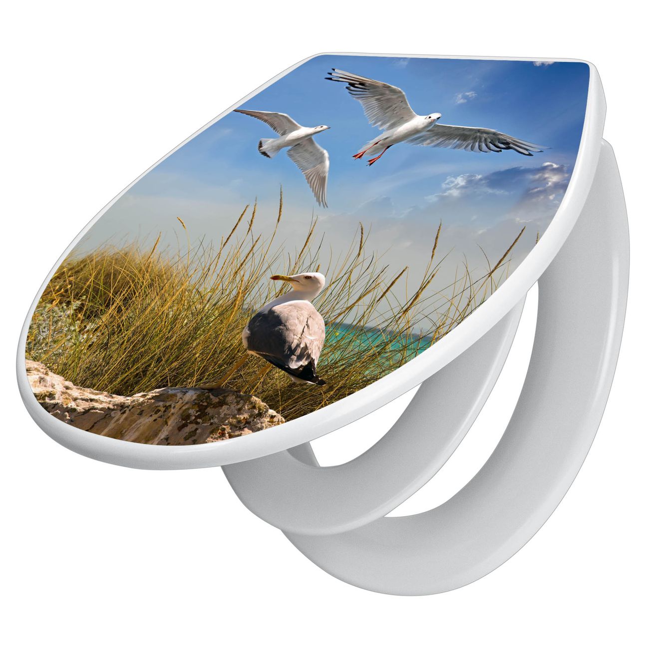 banjado Premium WC-Sitz mit Absenkautomatik O-Form weiß Soft-Close mit Kindersitz Duroplast antibakteriell leichte Reinigung, mit Motiv Möwen