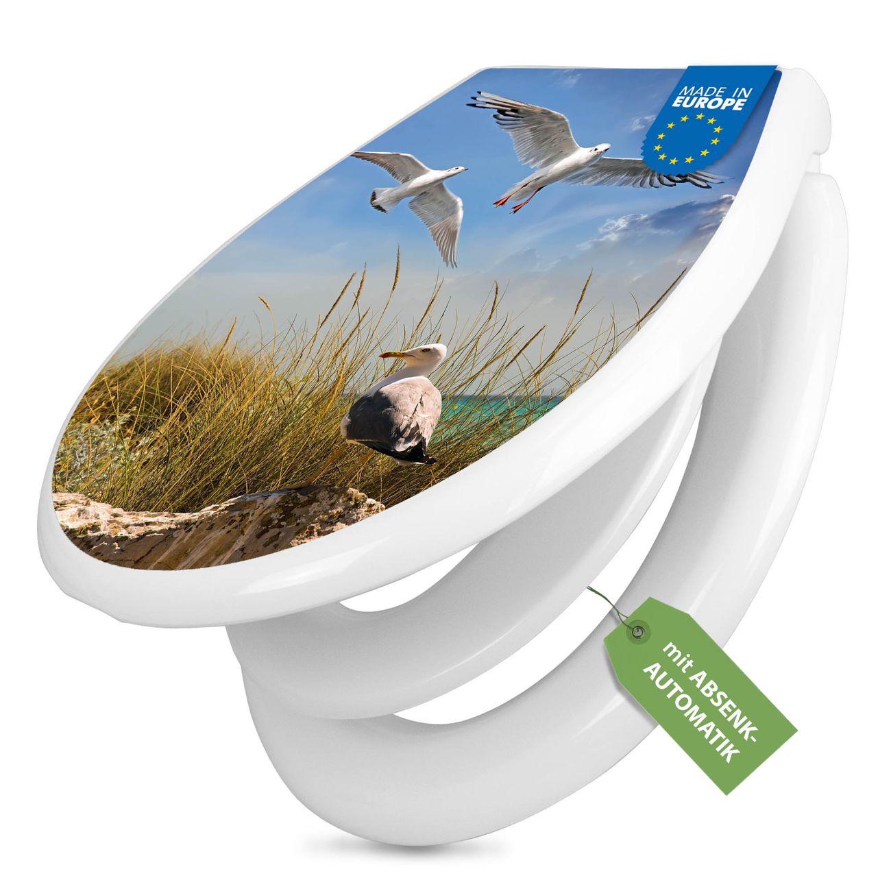 banjado Premium WC-Sitz mit Absenkautomatik O-Form weiß Soft-Close mit Kindersitz Duroplast antibakteriell leichte Reinigung, mit Motiv Möwen