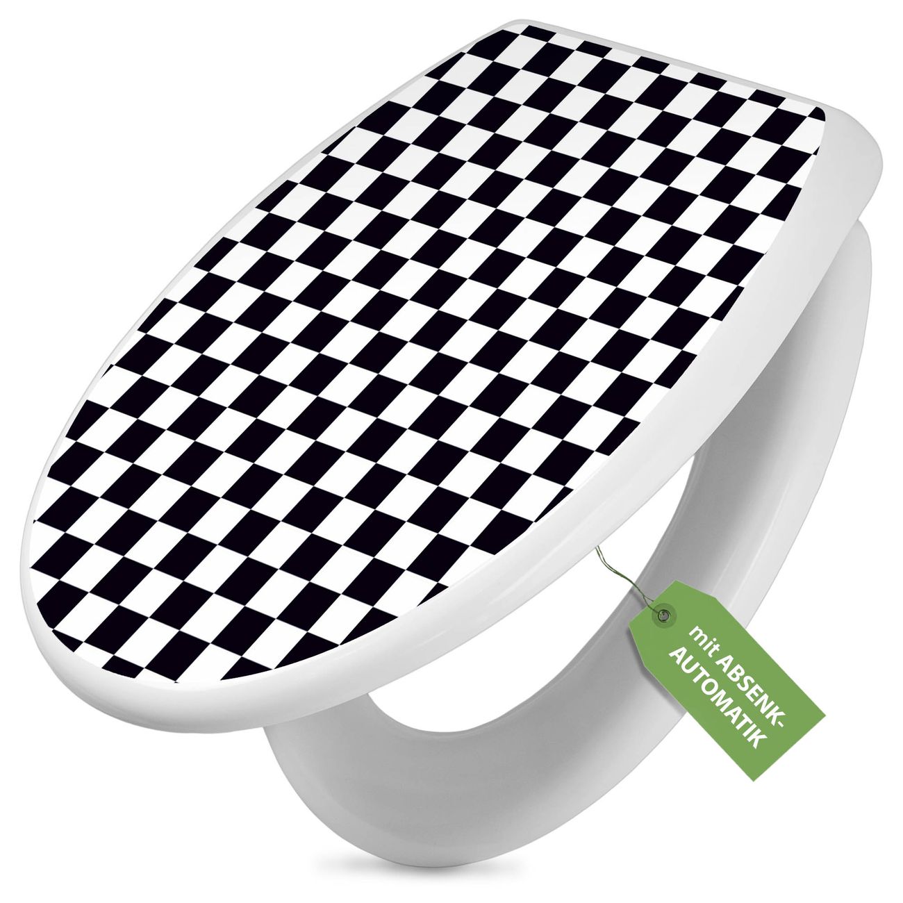 banjado Klobrille mit Absenkautomatik kaufen, Toilettendeckel weiss ohne Kindersitz, Leichte Montage und Dämpfungsverschluss, Motiv Karo Schwarz