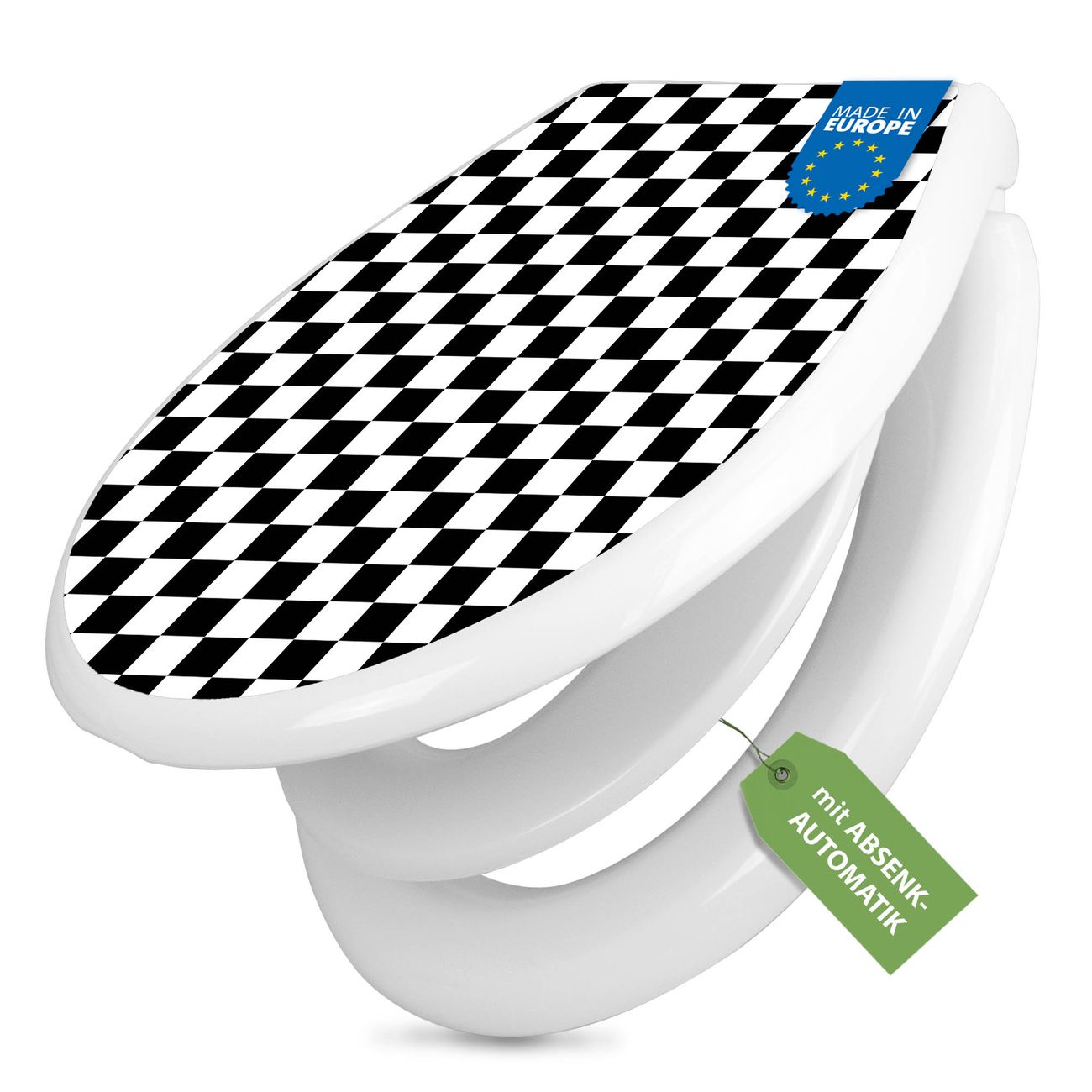 banjado Klobrille mit Absenkautomatik kaufen, Toilettendeckel weiss mit Kindersitz, Leichte Montage und Dämpfungsverschluss, Motiv Karo Schwarz