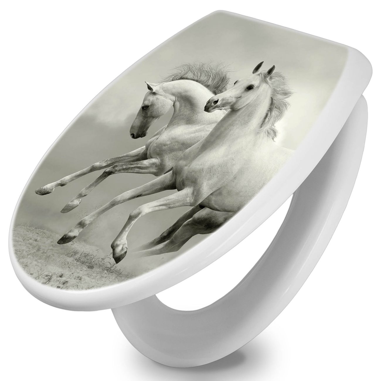 banjado Premium WC-Sitz mit Absenkautomatik O-Form weiß Soft-Close ohne Kindersitz Duroplast antibakteriell leichte Reinigung, mit Motiv Wilde Pferde SW