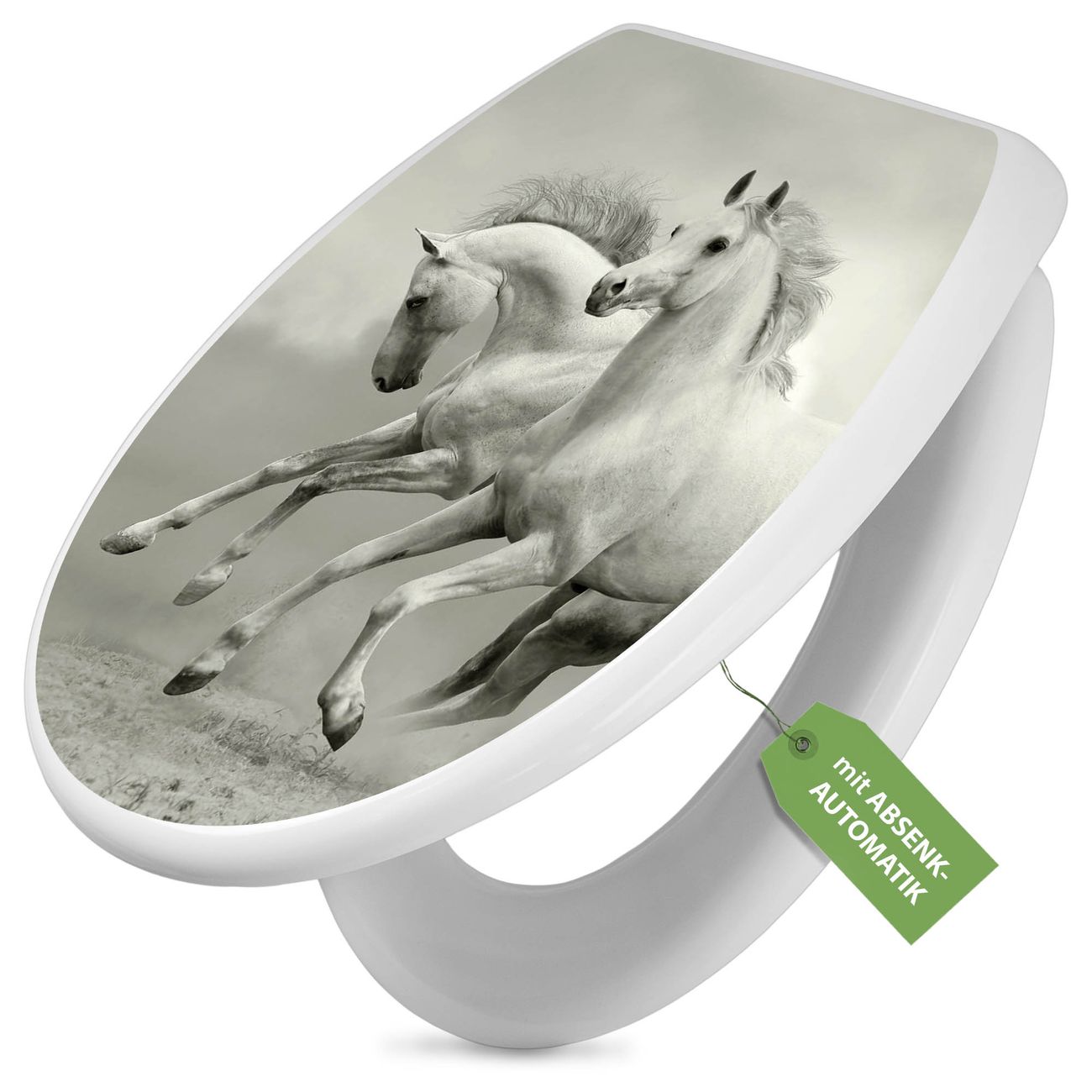 banjado Premium WC-Sitz mit Absenkautomatik O-Form weiß Soft-Close ohne Kindersitz Duroplast antibakteriell leichte Reinigung, mit Motiv Wilde Pferde SW