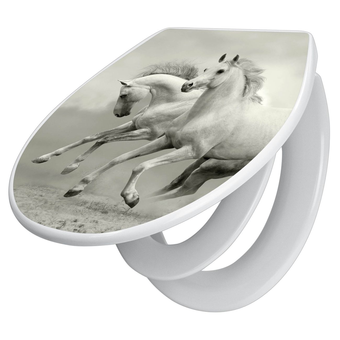 banjado Premium WC-Sitz mit Absenkautomatik O-Form weiß Soft-Close mit Kindersitz Duroplast antibakteriell leichte Reinigung, mit Motiv Wilde Pferde SW