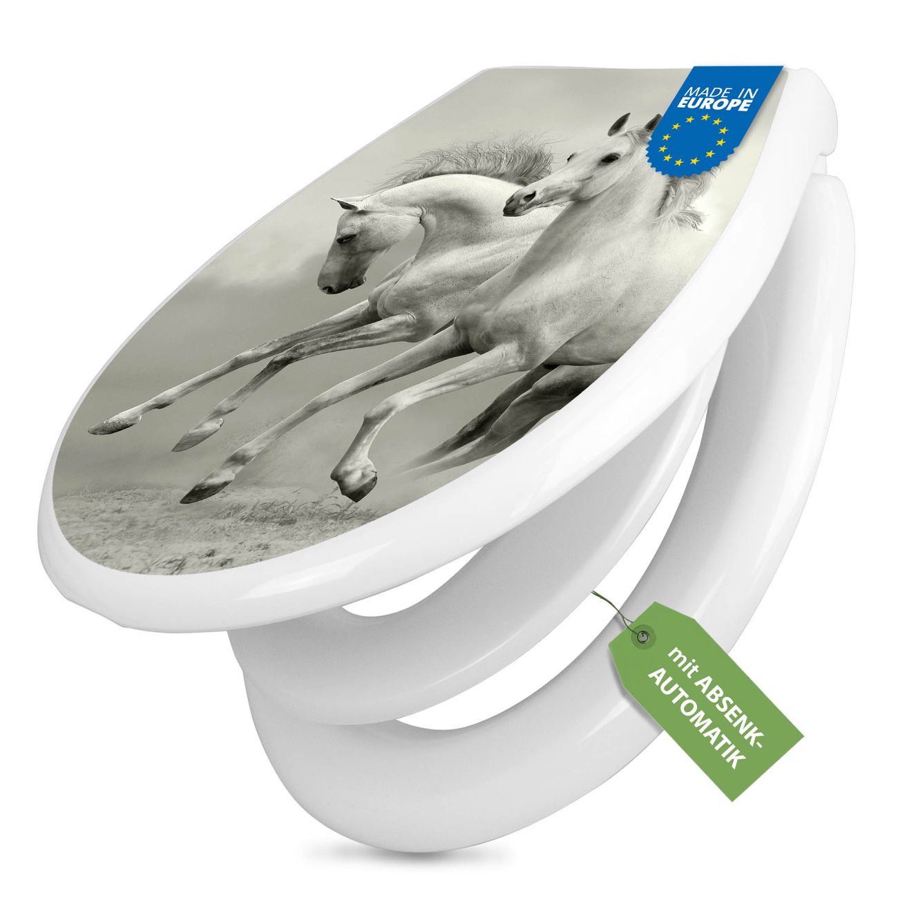 banjado Premium WC-Sitz mit Absenkautomatik O-Form weiß Soft-Close mit Kindersitz Duroplast antibakteriell leichte Reinigung, mit Motiv Wilde Pferde SW