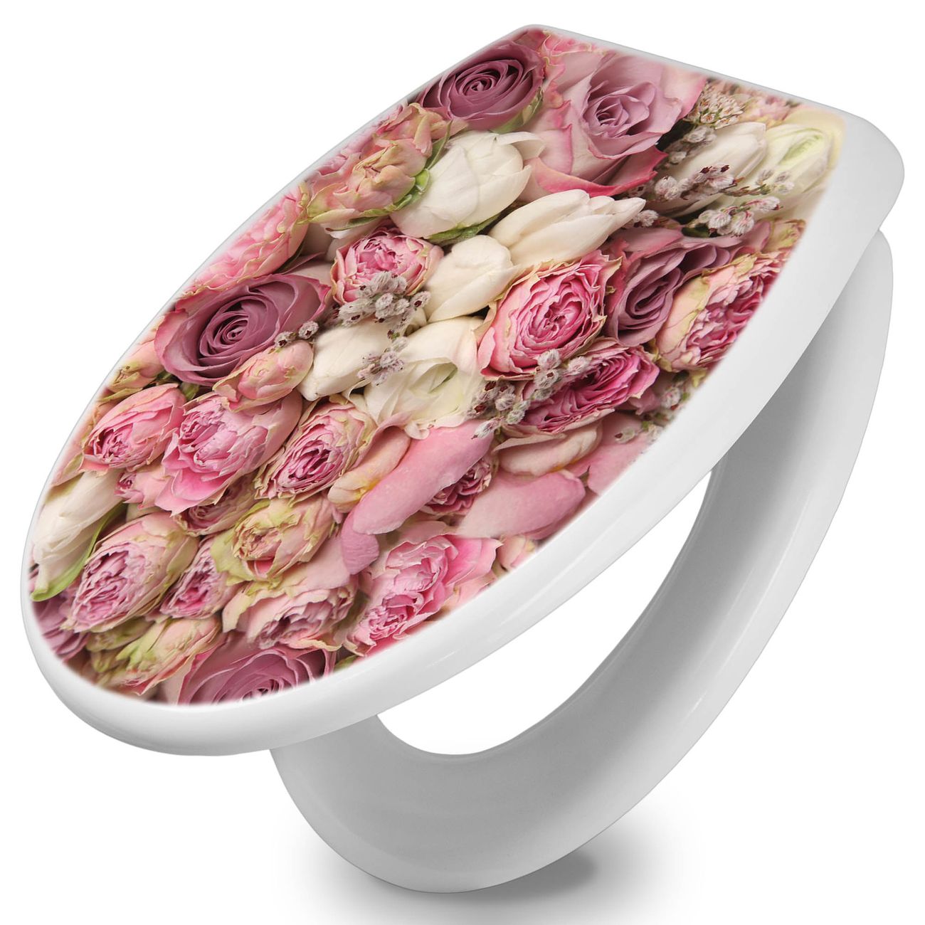 banjado absenkbarer Toilettendeckel weiß mit Soft-Close ohne Kindersitz Klobrille O-Form aus Duroplast Motiv Strauss Rosen individuell gestalten