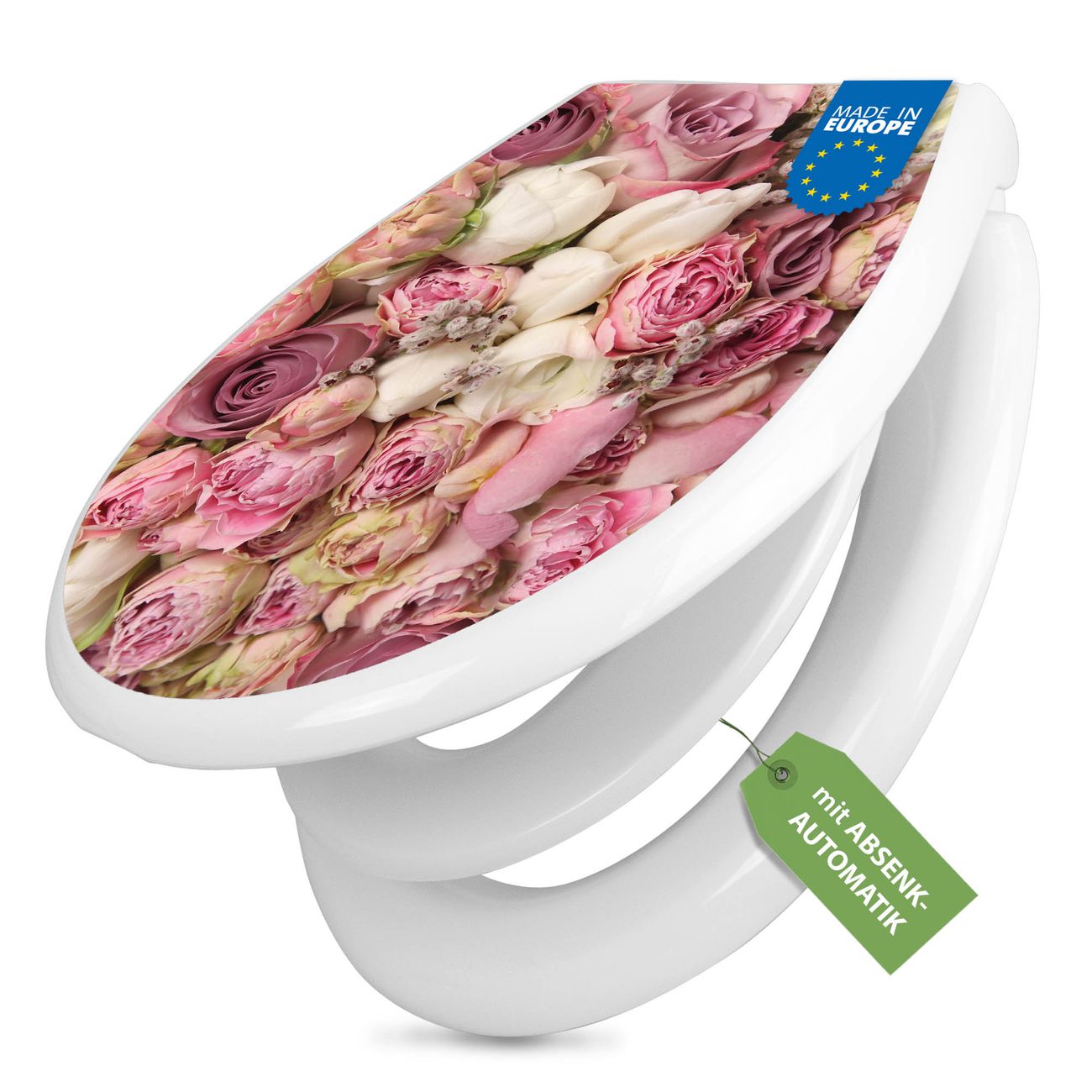 banjado absenkbarer Toilettendeckel weiß mit Soft-Close mit Kindersitz Klobrille O-Form aus Duroplast Motiv Strauss Rosen individuell gestalten