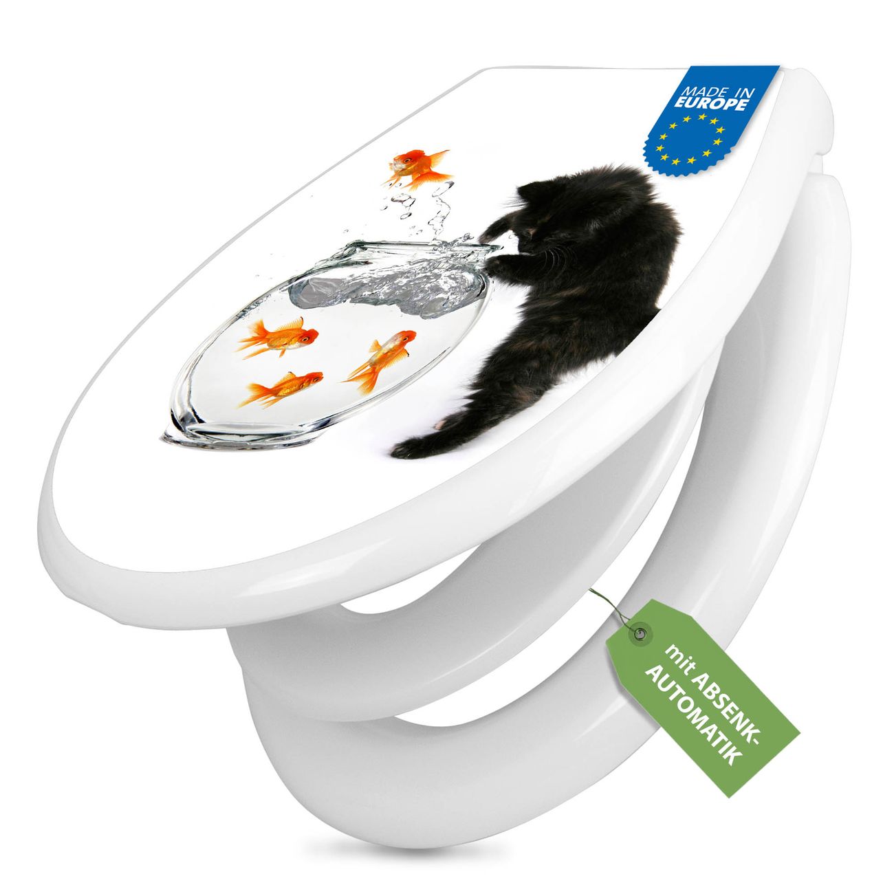 banjado Klobrille mit Absenkautomatik kaufen, Toilettendeckel weiss mit Kindersitz, Leichte Montage und Dämpfungsverschluss, Motiv Katze Und Fisch