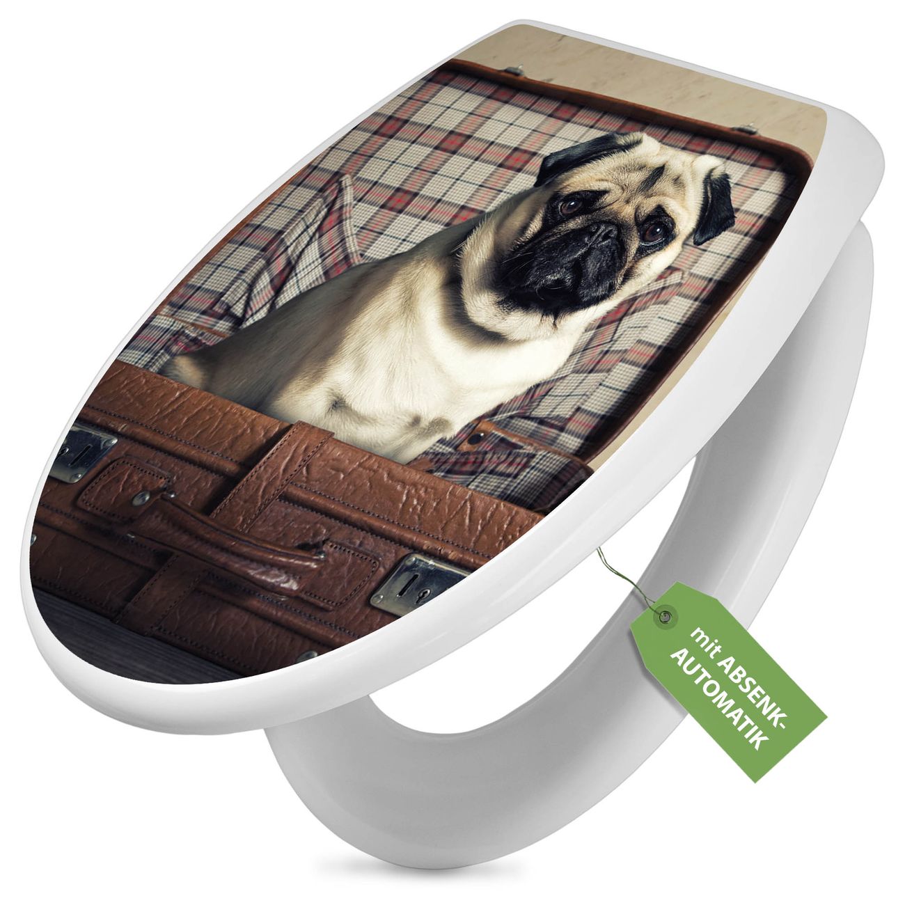 banjado absenkbarer Toilettendeckel weiß mit Soft-Close ohne Kindersitz Klobrille O-Form aus Duroplast Motiv Mops im Koffer individuell gestalten