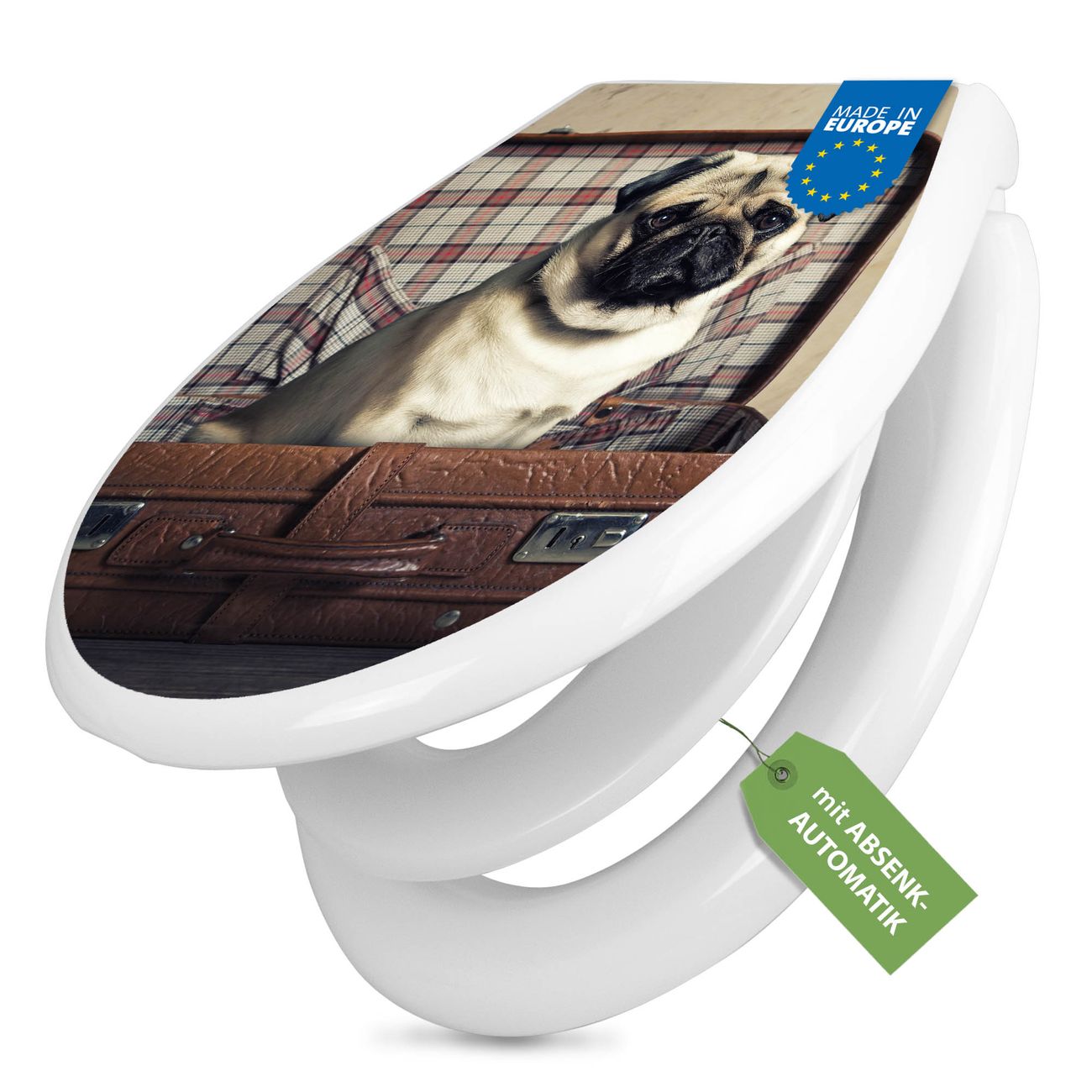 banjado absenkbarer Toilettendeckel weiß mit Soft-Close mit Kindersitz Klobrille O-Form aus Duroplast Motiv Mops im Koffer individuell gestalten