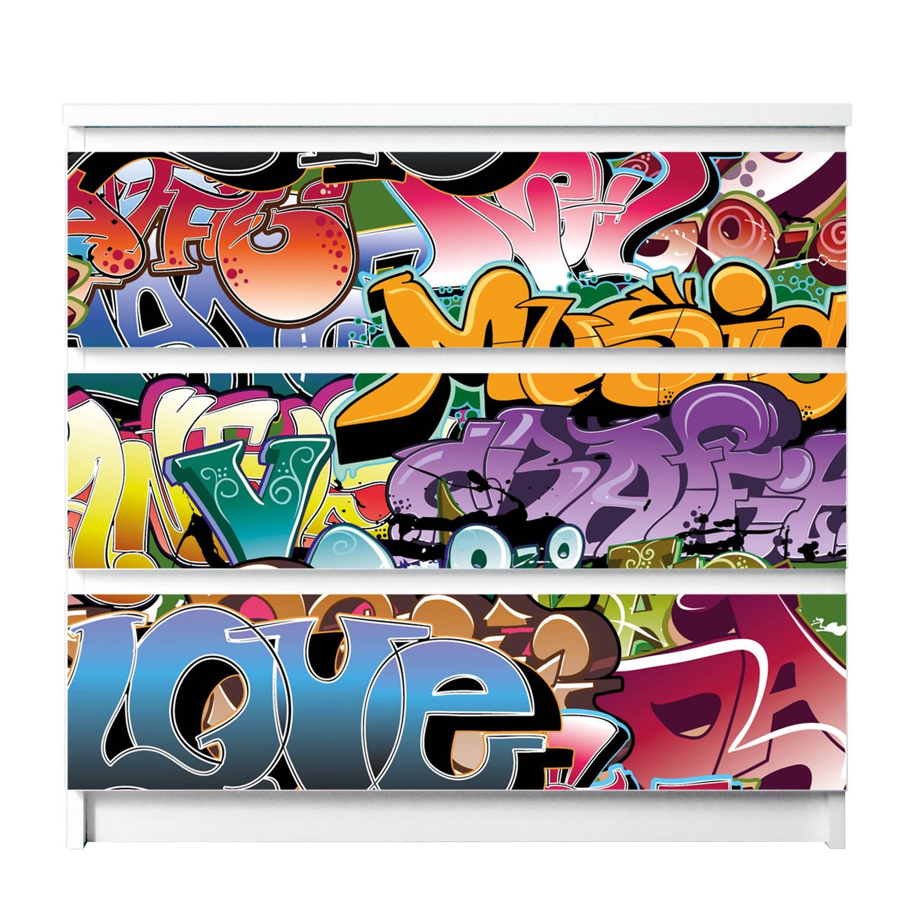 banjado selbstklebende Möbelfolie für IKEA MALM Kommode für 3 Schubladen Schubladen, Schrankfolien mit Motiv Graffiti, Möbelfolie Malm für Kinderzimmer