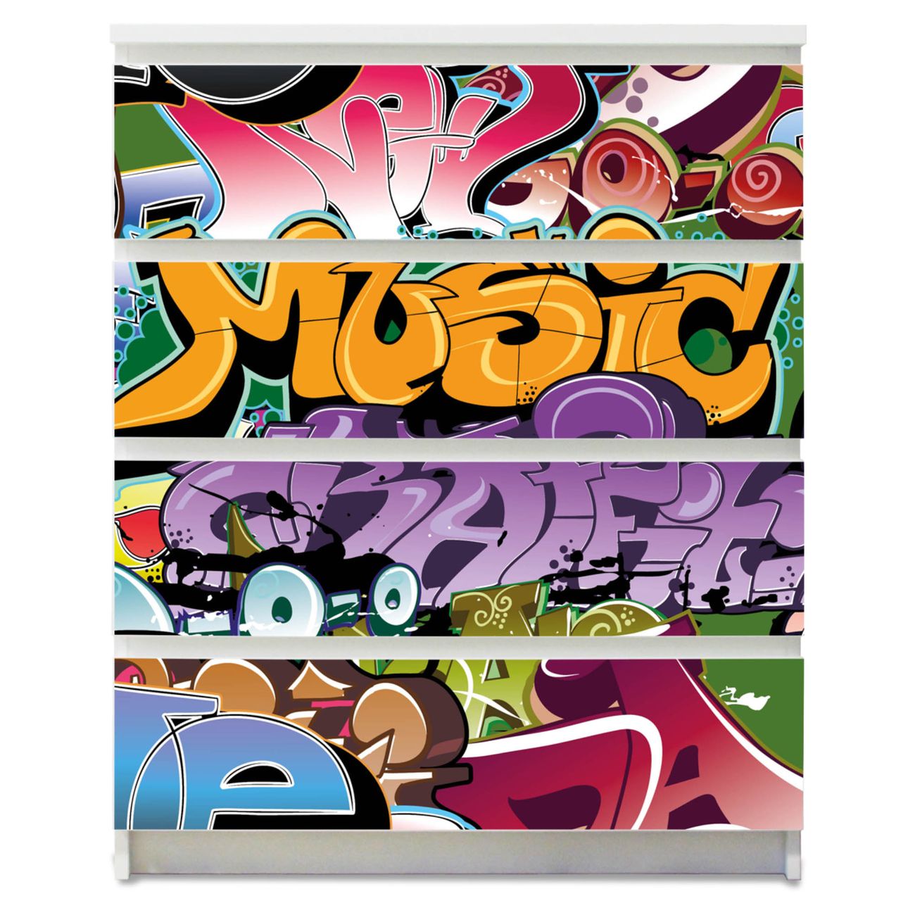 banjado selbstklebende Möbelfolie für IKEA MALM Kommode für 4 Schubladen Schubladen, Schrankfolien mit Motiv Graffiti, Möbelfolie Malm für Kinderzimmer