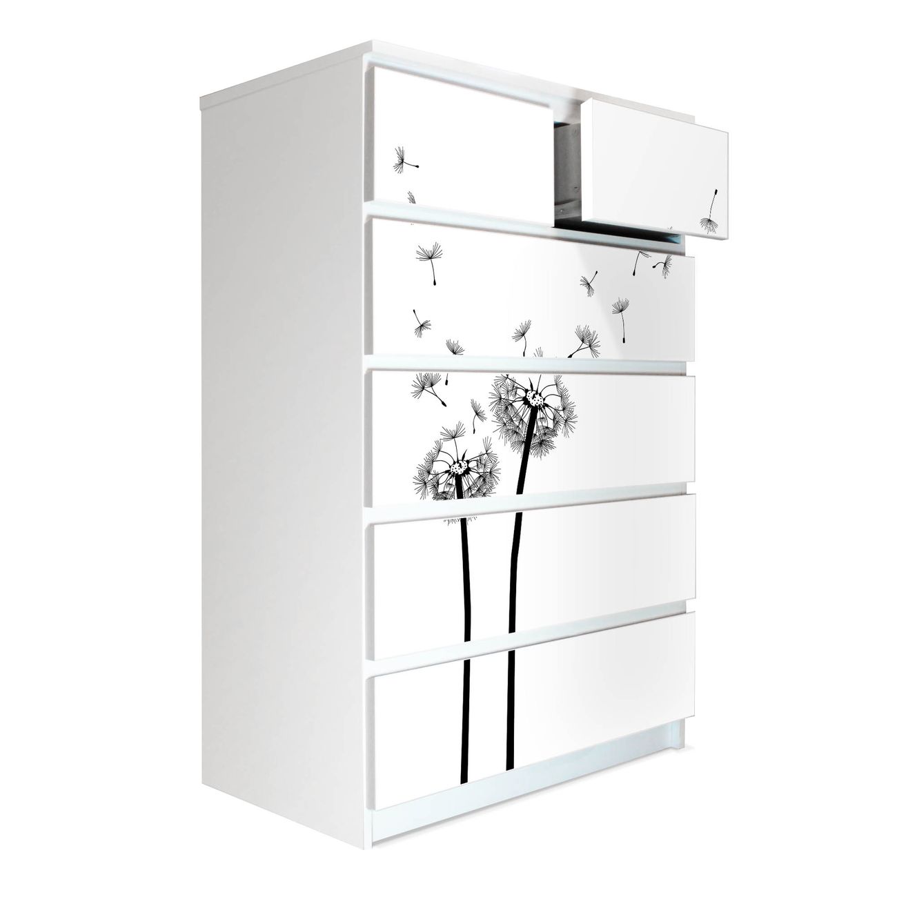 banjado selbstklebende Möbelfolie für IKEA MALM Kommode für 6 Schubladen Schubladen, Schrankfolien mit Motiv Pusteblume 2, Möbelfolie Malm für Kinderzimmer