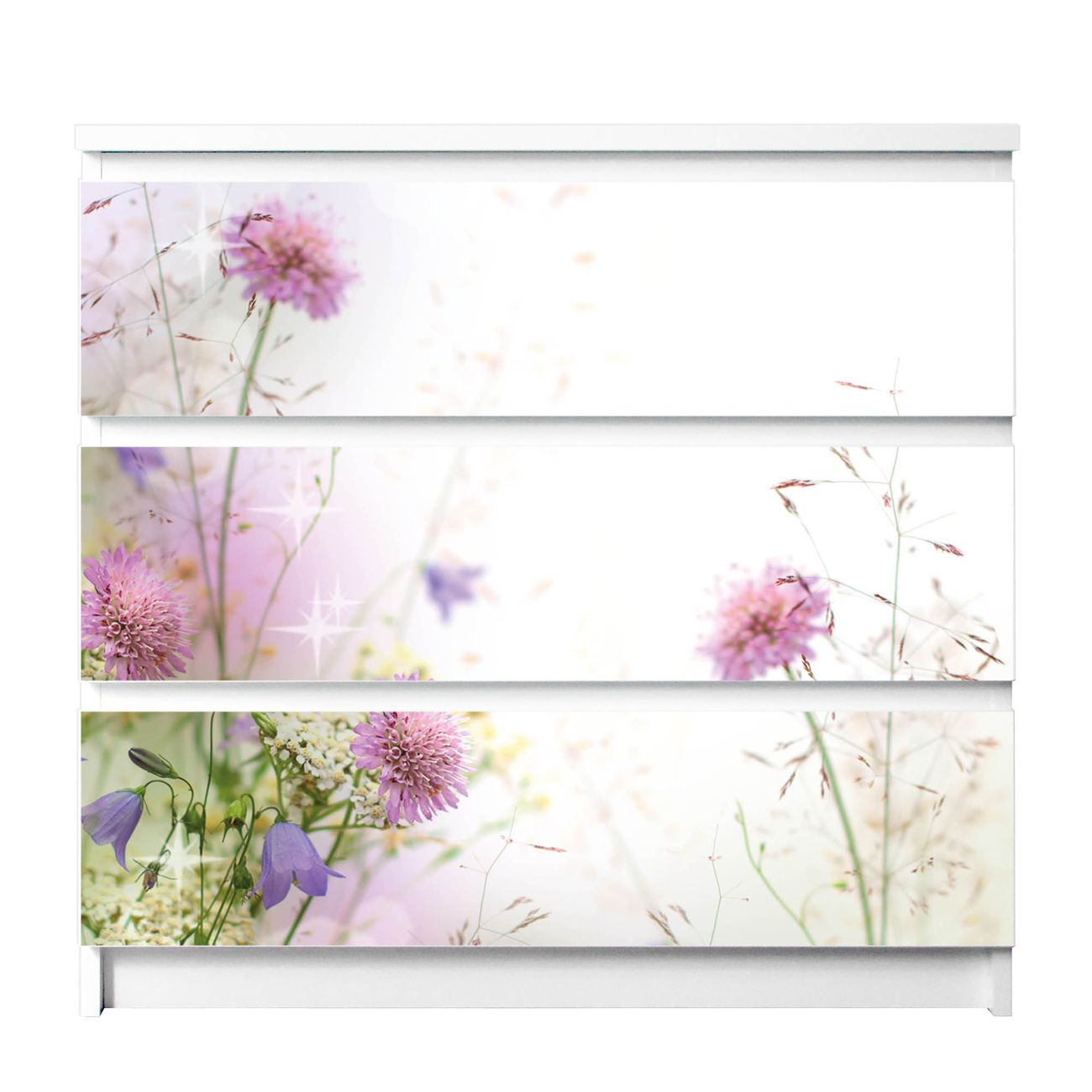 banjado selbstklebende Möbelfolie für IKEA MALM Kommode für 3 Schubladen Schubladen, Schrankfolien mit Motiv Wiese Blumen, Möbelfolie Malm für Kinderzimmer