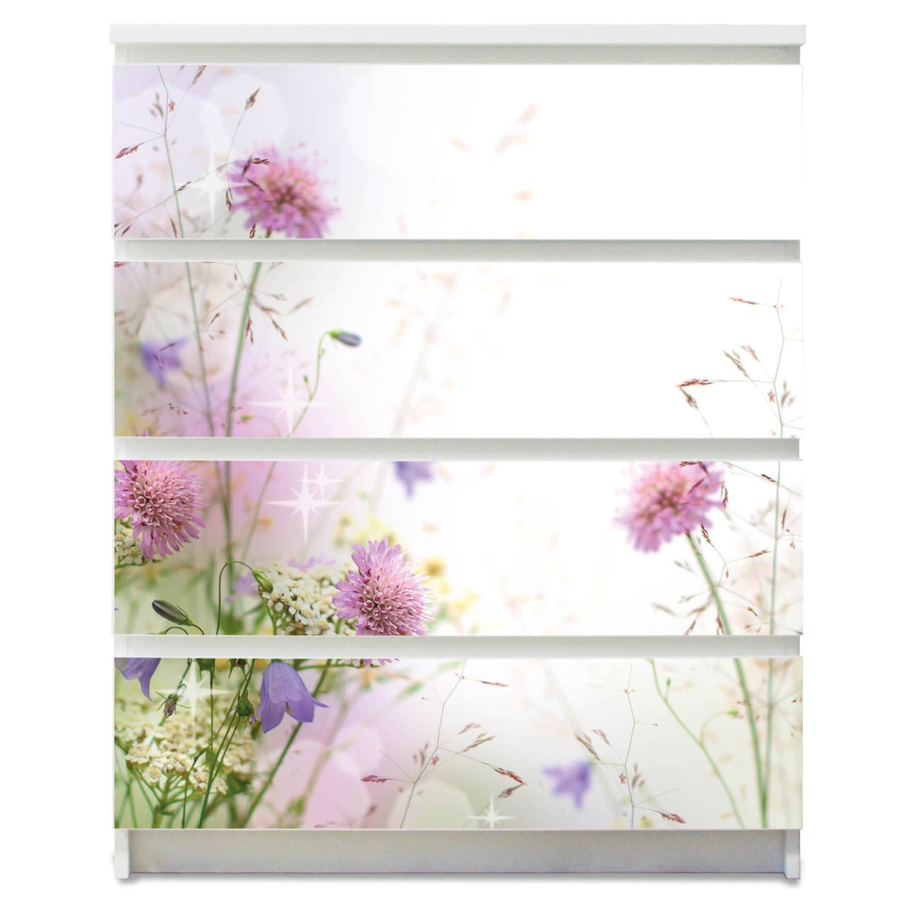 banjado selbstklebende Möbelfolie für IKEA MALM Kommode für 4 Schubladen Schubladen, Schrankfolien mit Motiv Wiese Blumen, Möbelfolie Malm für Kinderzimmer