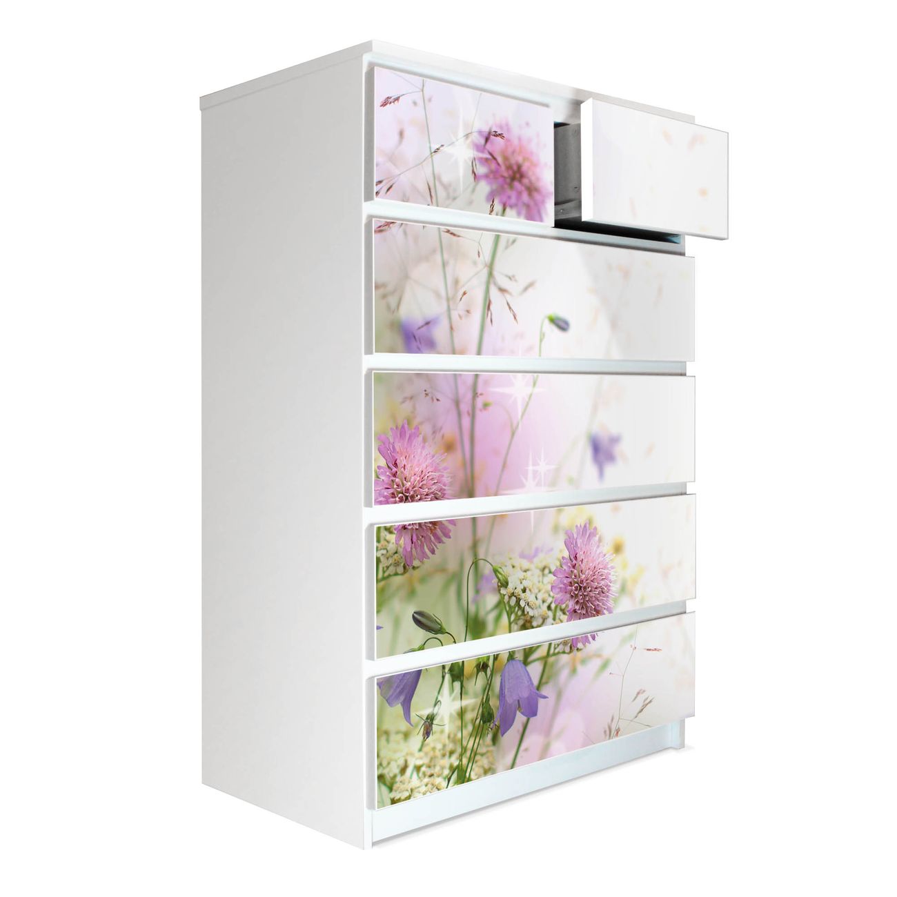banjado selbstklebende Möbelfolie für IKEA MALM Kommode für 6 Schubladen Schubladen, Schrankfolien mit Motiv Wiese Blumen, Möbelfolie Malm für Kinderzimmer