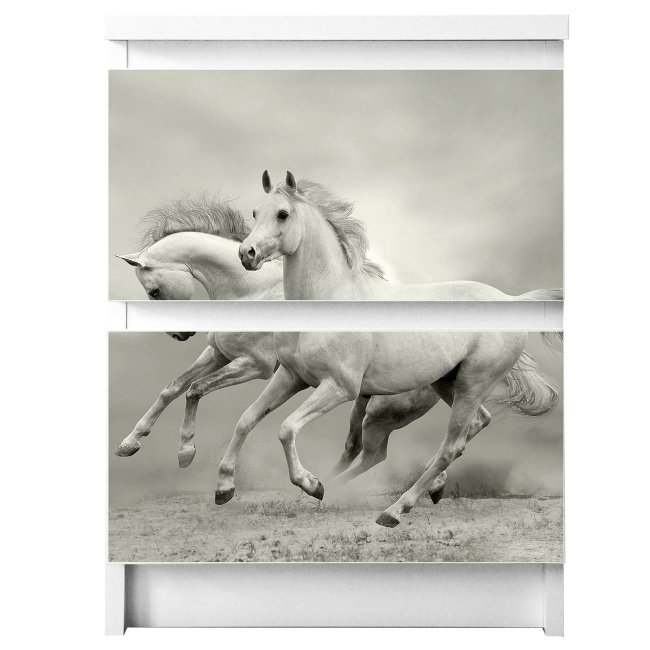 banjado selbstklebende Möbelfolie für IKEA MALM Kommode für 2 Schubladen Schubladen, Schrankfolien mit Motiv Wilde Pferde SW, Möbelfolie Malm für Kinderzimmer