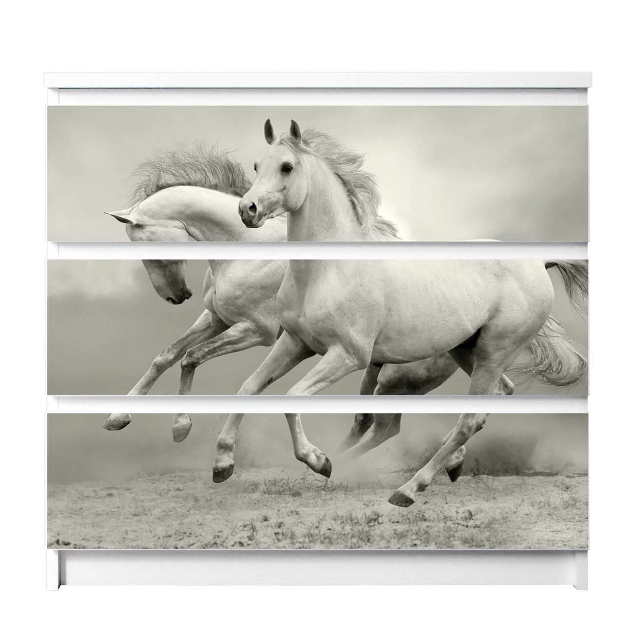 banjado selbstklebende Möbelfolie für IKEA MALM Kommode für 3 Schubladen Schubladen, Schrankfolien mit Motiv Wilde Pferde SW, Möbelfolie Malm für Kinderzimmer