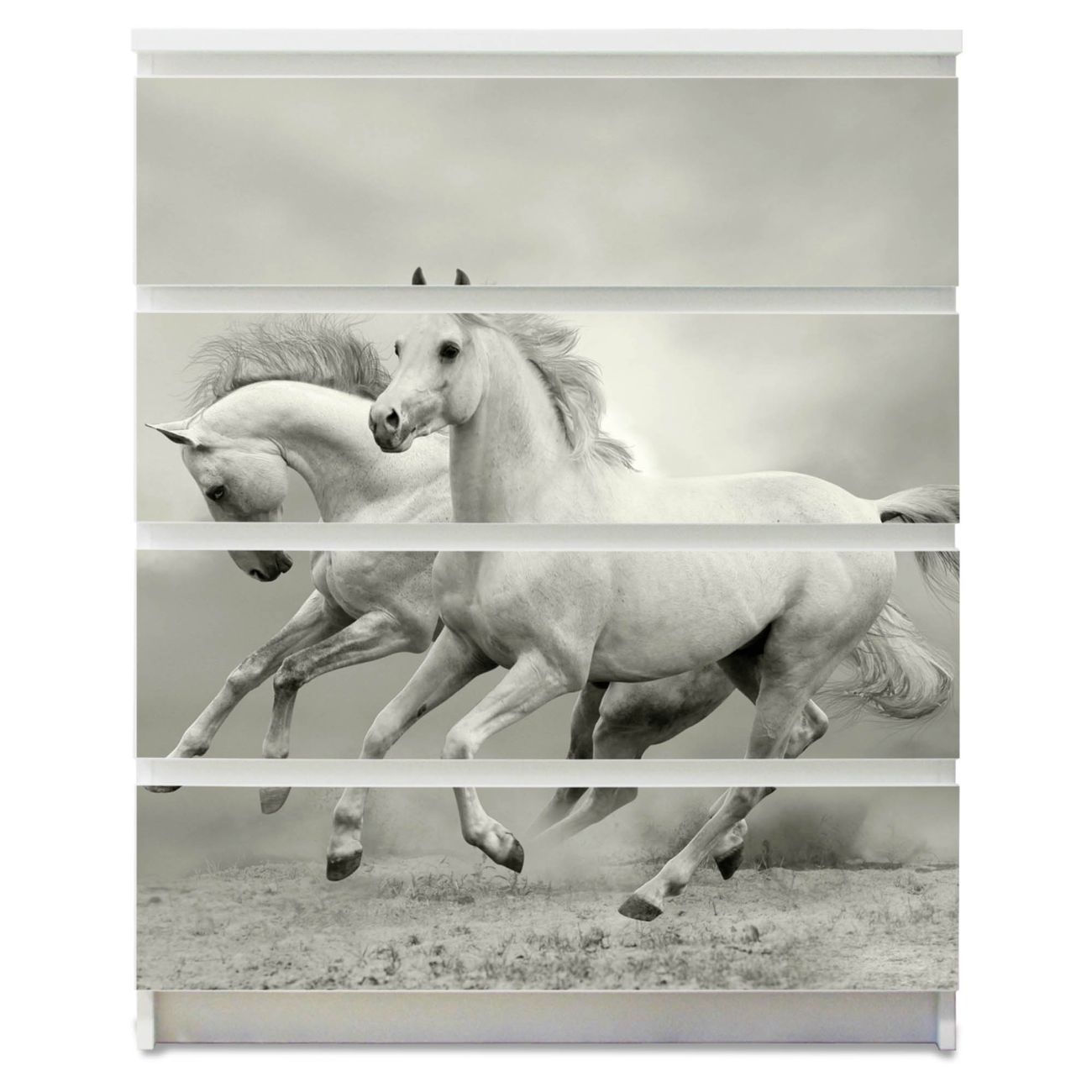 banjado selbstklebende Möbelfolie für IKEA MALM Kommode für 4 Schubladen Schubladen, Schrankfolien mit Motiv Wilde Pferde SW, Möbelfolie Malm für Kinderzimmer