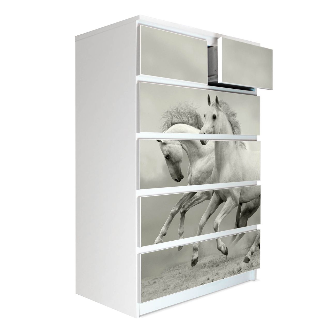 banjado selbstklebende Möbelfolie für IKEA MALM Kommode für 6 Schubladen Schubladen, Schrankfolien mit Motiv Wilde Pferde SW, Möbelfolie Malm für Kinderzimmer