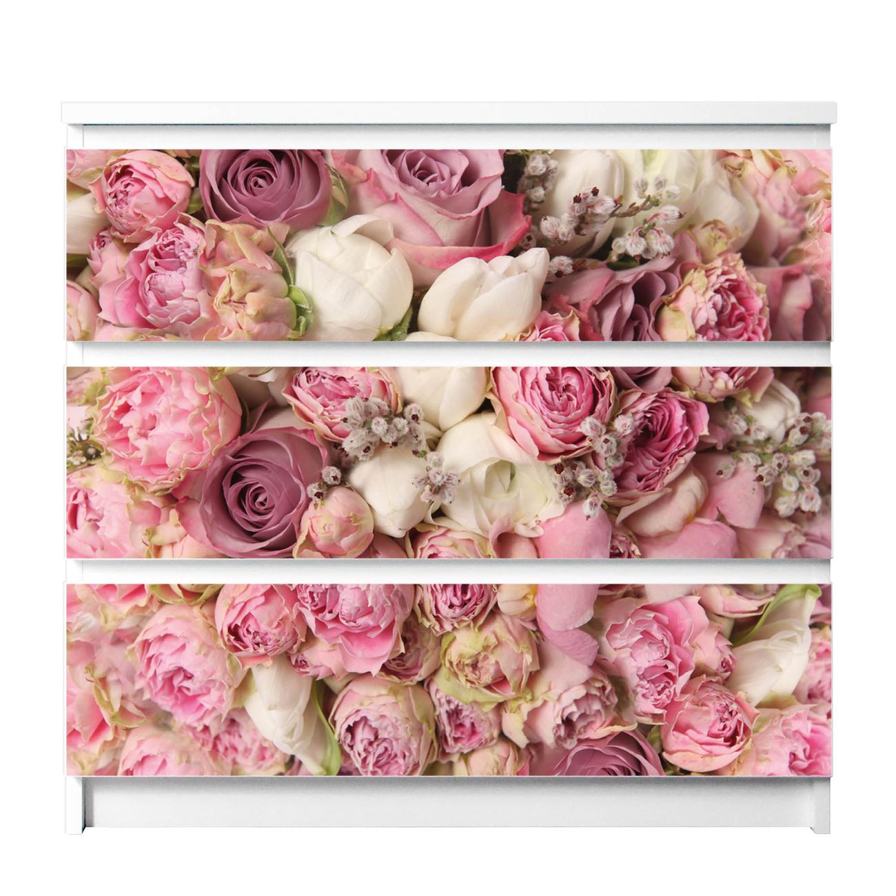 banjado selbstklebende Möbelfolie für IKEA MALM Kommode für 3 Schubladen Schubladen, Schrankfolien mit Motiv Strauss Rosen, Möbelfolie Malm für Kinderzimmer