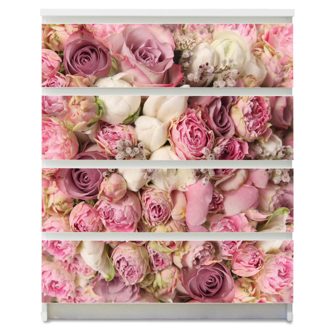 banjado selbstklebende Möbelfolie für IKEA MALM Kommode für 4 Schubladen Schubladen, Schrankfolien mit Motiv Strauss Rosen, Möbelfolie Malm für Kinderzimmer