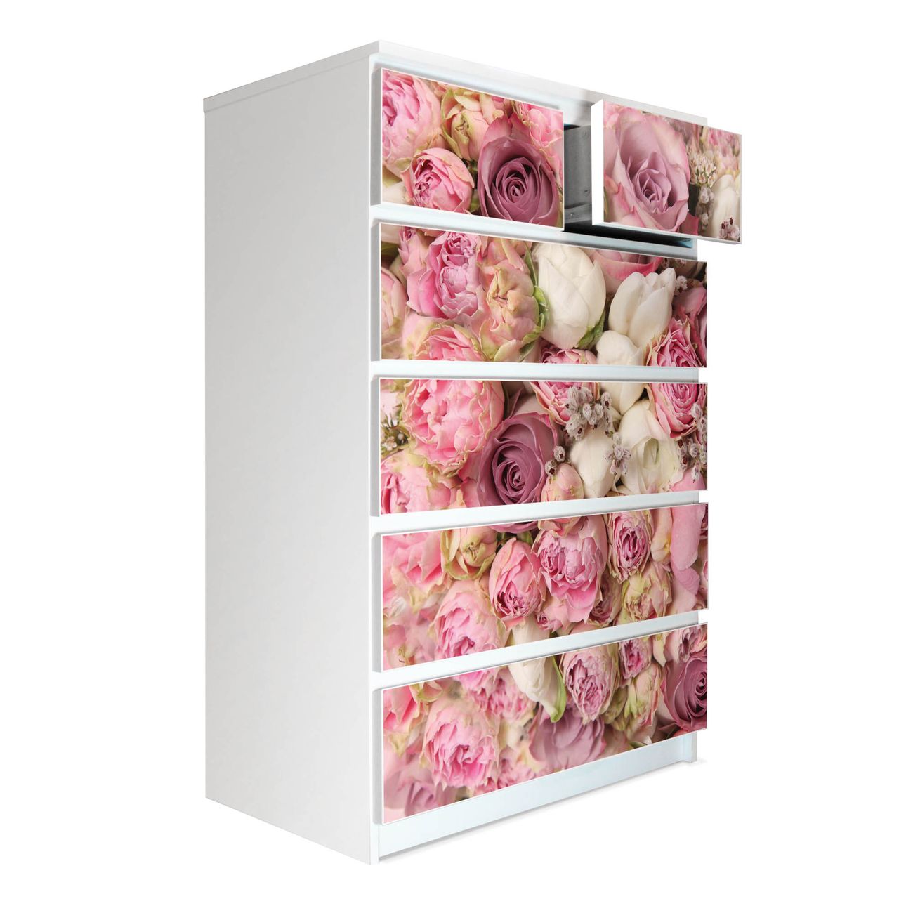 banjado selbstklebende Möbelfolie für IKEA MALM Kommode für 6 Schubladen Schubladen, Schrankfolien mit Motiv Strauss Rosen, Möbelfolie Malm für Kinderzimmer