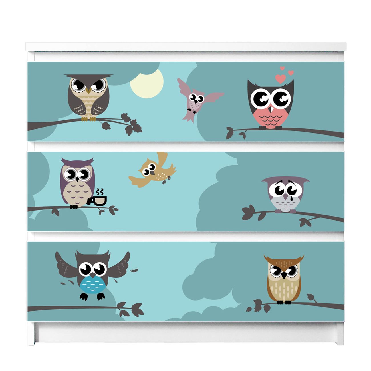 banjado selbstklebende Möbelfolie für IKEA MALM Kommode für 3 Schubladen Schubladen, Schrankfolien mit Motiv Acht Eulen, Möbelfolie Malm für Kinderzimmer