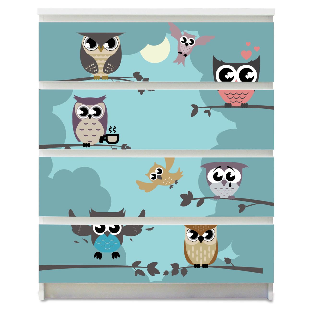banjado selbstklebende Möbelfolie für IKEA MALM Kommode für 4 Schubladen Schubladen, Schrankfolien mit Motiv Acht Eulen, Möbelfolie Malm für Kinderzimmer