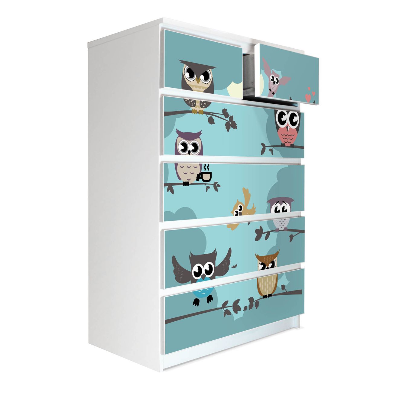 banjado selbstklebende Möbelfolie für IKEA MALM Kommode für 6 Schubladen Schubladen, Schrankfolien mit Motiv Acht Eulen, Möbelfolie Malm für Kinderzimmer