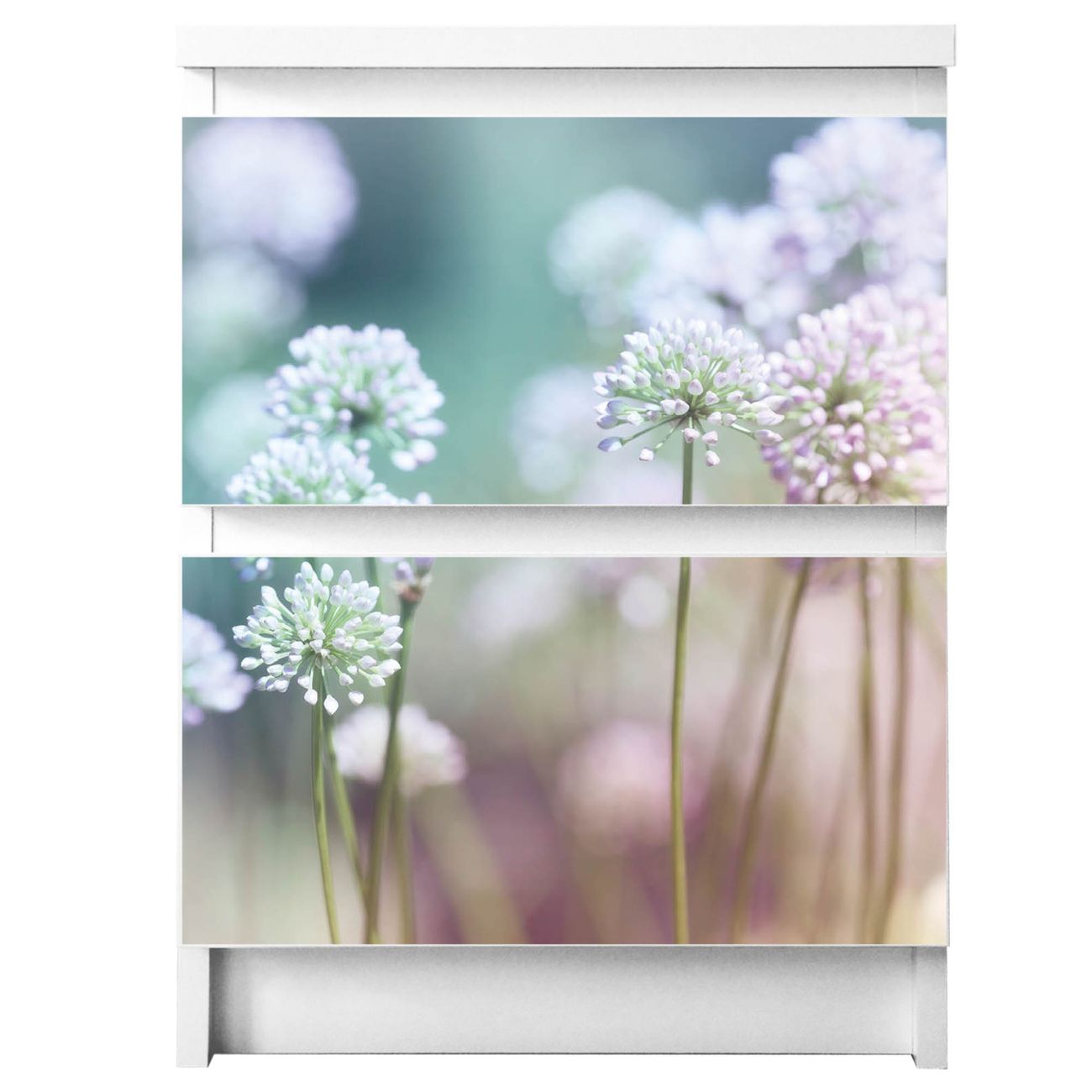 banjado selbstklebende Möbelfolie für IKEA MALM Kommode für 2 Schubladen Schubladen, Schrankfolien mit Motiv Lauchblüte, Möbelfolie Malm für Kinderzimmer