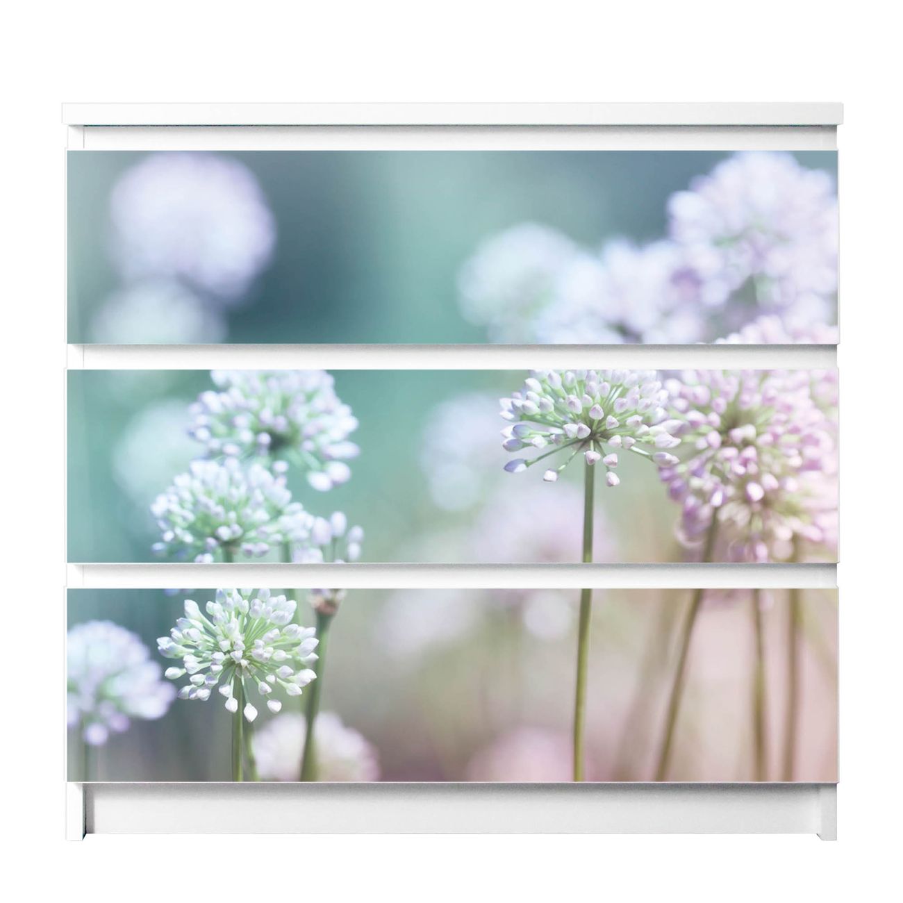banjado selbstklebende Möbelfolie für IKEA MALM Kommode für 3 Schubladen Schubladen, Schrankfolien mit Motiv Lauchblüte, Möbelfolie Malm für Kinderzimmer