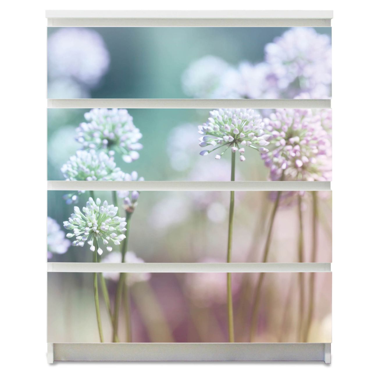 banjado selbstklebende Möbelfolie für IKEA MALM Kommode für 4 Schubladen Schubladen, Schrankfolien mit Motiv Lauchblüte, Möbelfolie Malm für Kinderzimmer