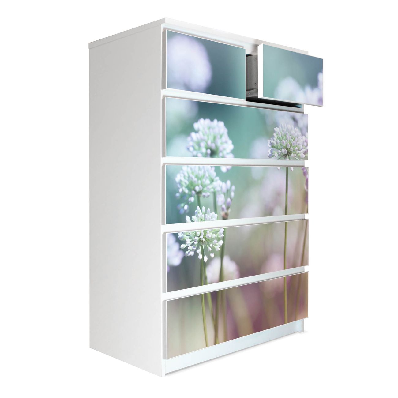 banjado selbstklebende Möbelfolie für IKEA MALM Kommode für 6 Schubladen Schubladen, Schrankfolien mit Motiv Lauchblüte, Möbelfolie Malm für Kinderzimmer
