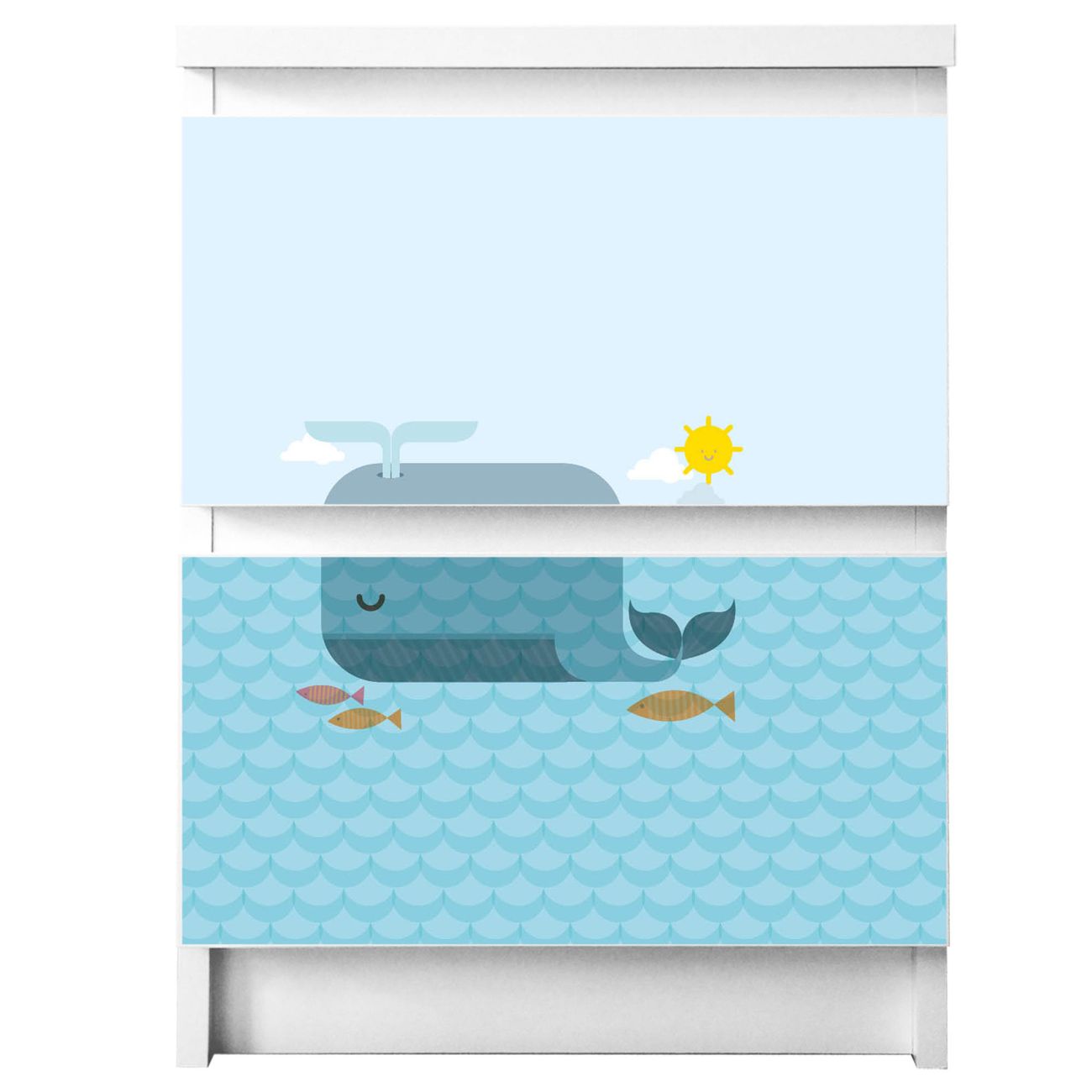 banjado selbstklebende Möbelfolie für IKEA MALM Kommode für 2 Schubladen Schubladen, Schrankfolien mit Motiv Schlafender Wal, Möbelfolie Malm für Kinderzimmer