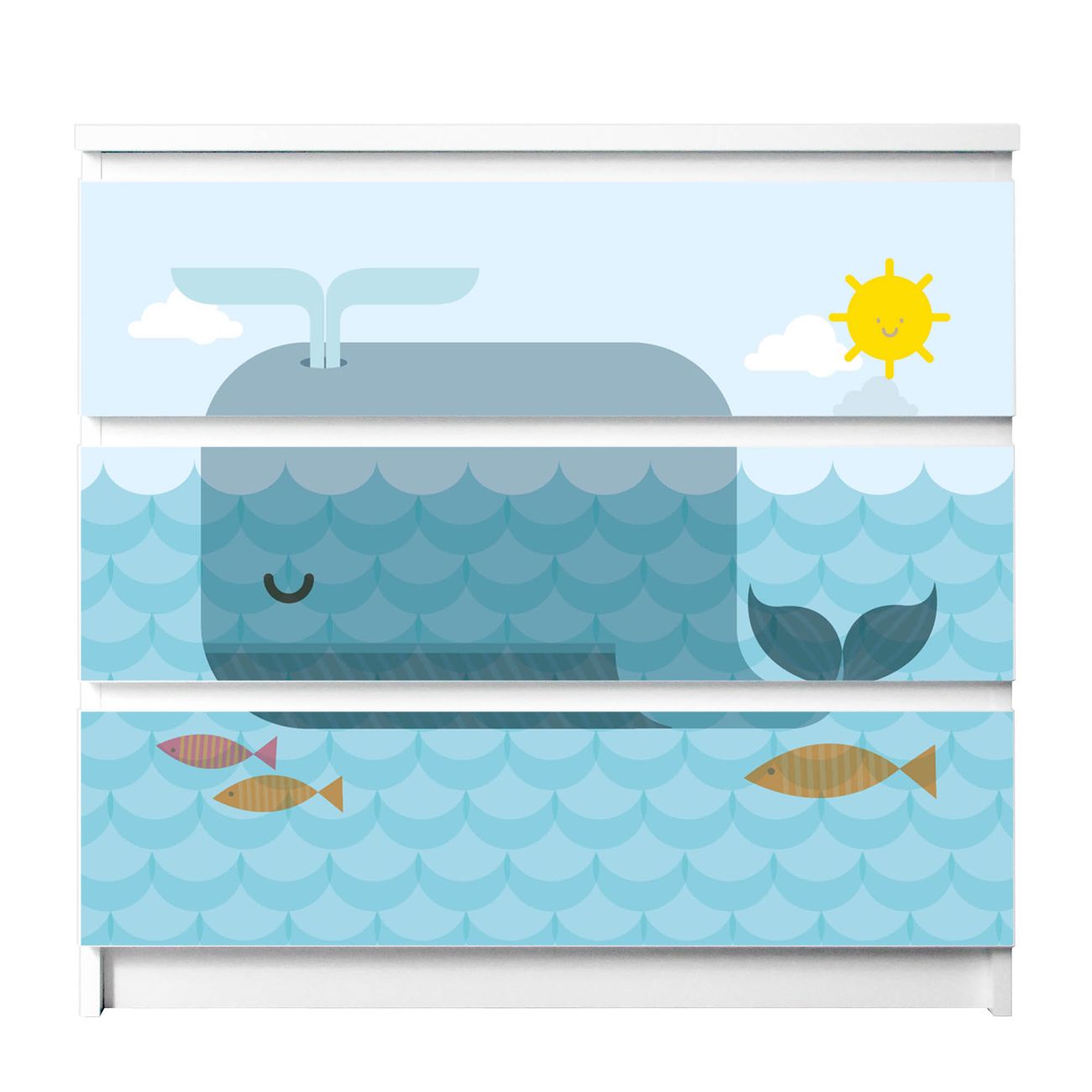 banjado selbstklebende Möbelfolie für IKEA MALM Kommode für 3 Schubladen Schubladen, Schrankfolien mit Motiv Schlafender Wal, Möbelfolie Malm für Kinderzimmer
