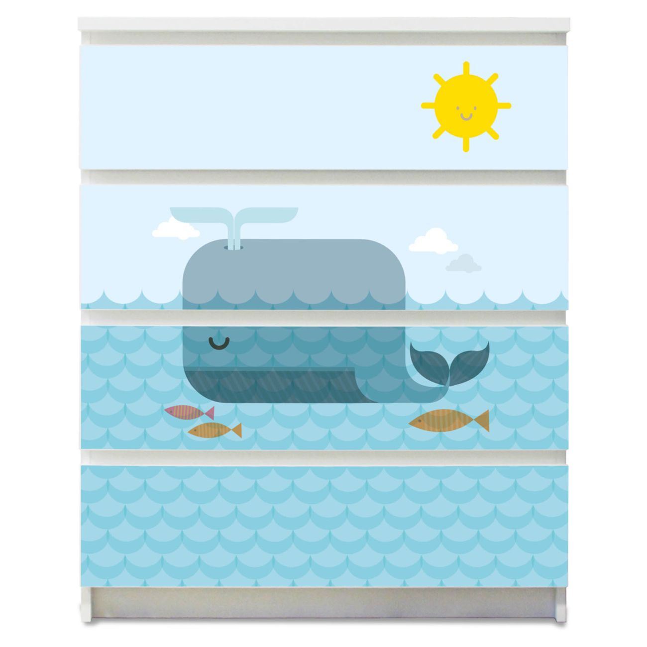 banjado selbstklebende Möbelfolie für IKEA MALM Kommode für 4 Schubladen Schubladen, Schrankfolien mit Motiv Schlafender Wal, Möbelfolie Malm für Kinderzimmer