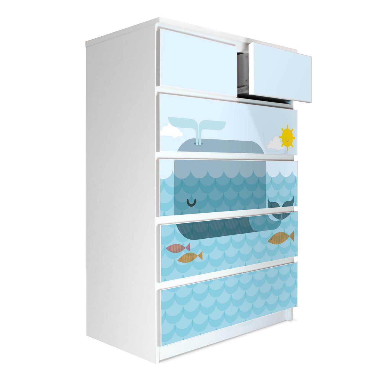 banjado selbstklebende Möbelfolie für IKEA MALM Kommode für 6 Schubladen Schubladen, Schrankfolien mit Motiv Schlafender Wal, Möbelfolie Malm für Kinderzimmer